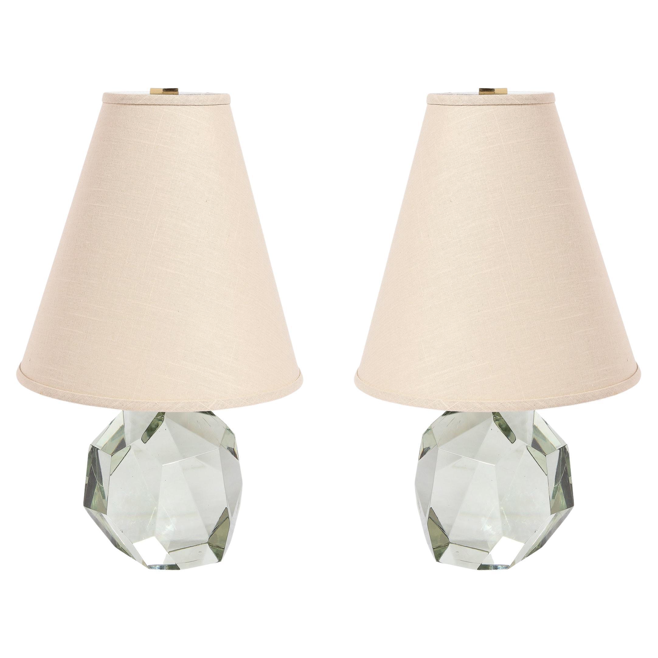 Pair of Modernist Faceted Hand-Blown Mineral Green Murano Glass Table Lamps For Sale