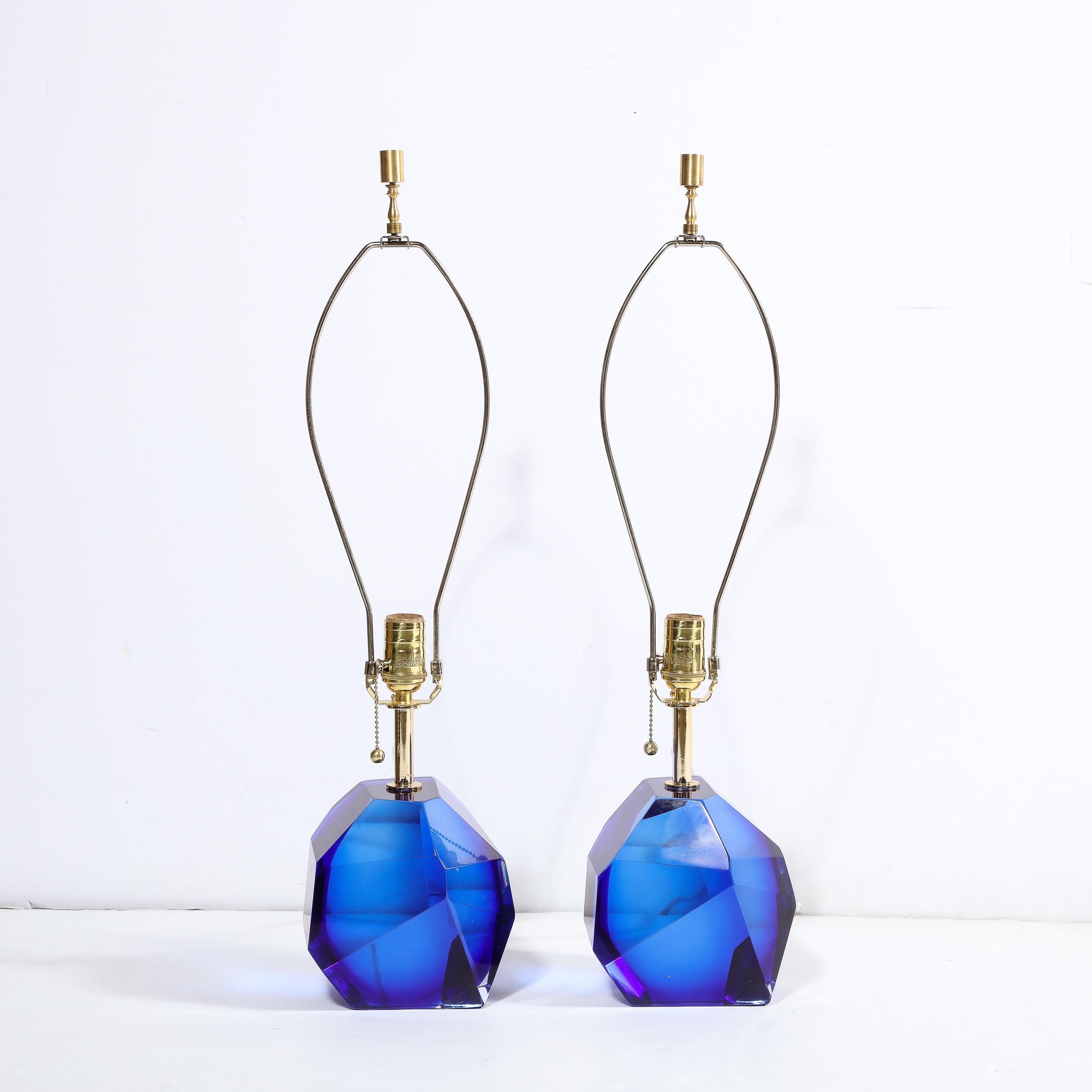 Pair of Modernist Faceted Hand-Blown Murano Glass Table Lamps in Sapphire For Sale 5