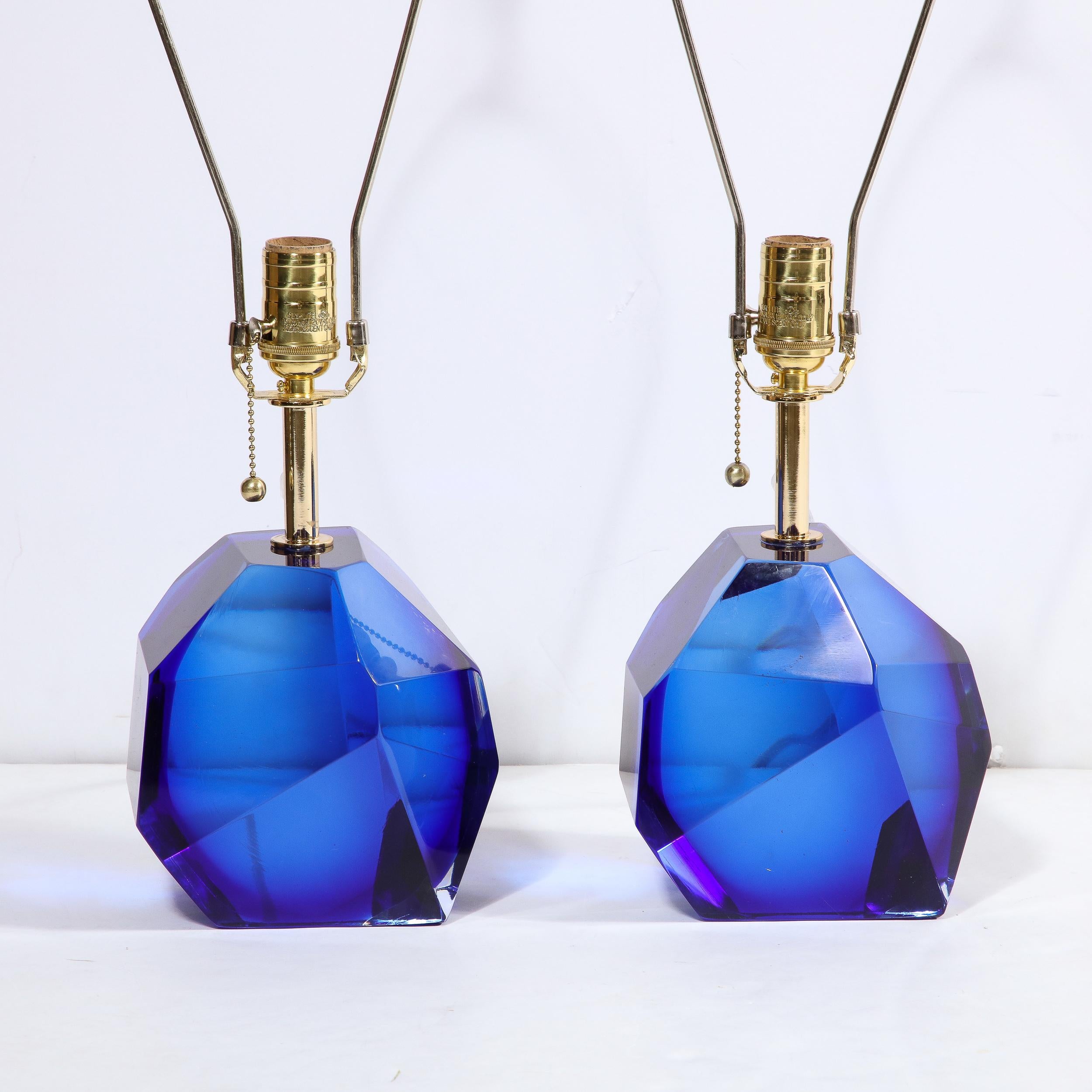 Pair of Modernist Faceted Hand-Blown Murano Glass Table Lamps in Sapphire For Sale 6