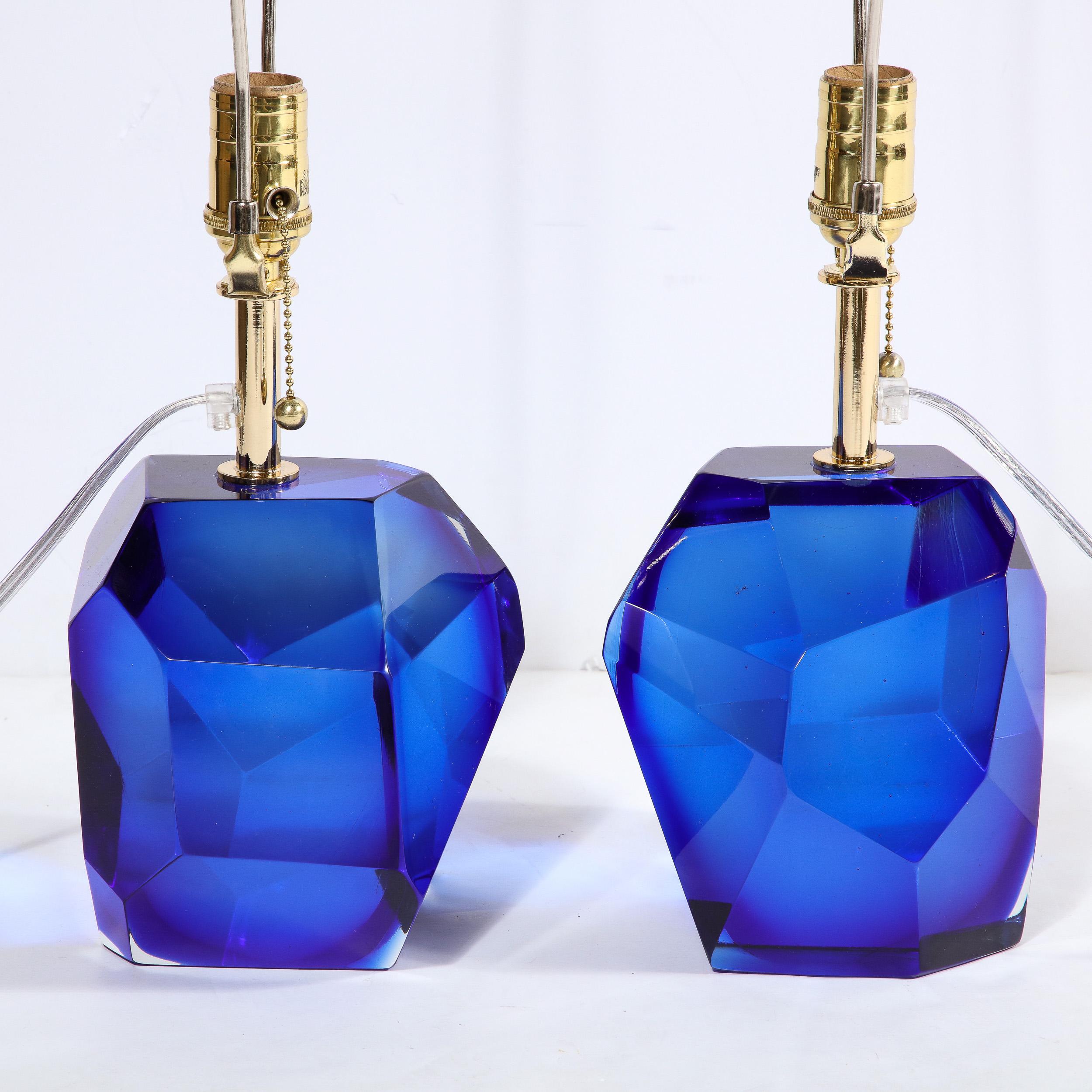 Pair of Modernist Faceted Hand-Blown Murano Glass Table Lamps in Sapphire For Sale 7