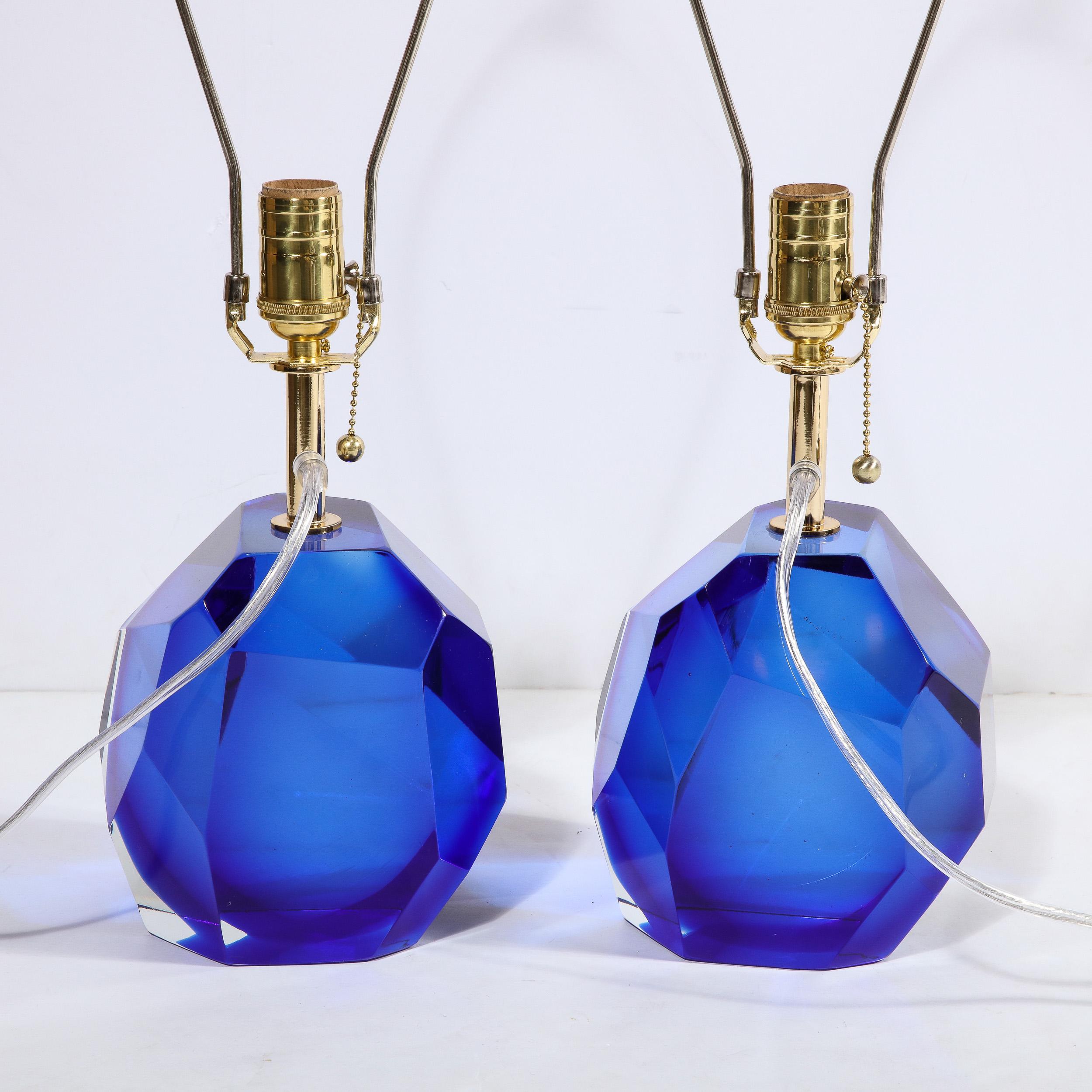 Pair of Modernist Faceted Hand-Blown Murano Glass Table Lamps in Sapphire For Sale 8