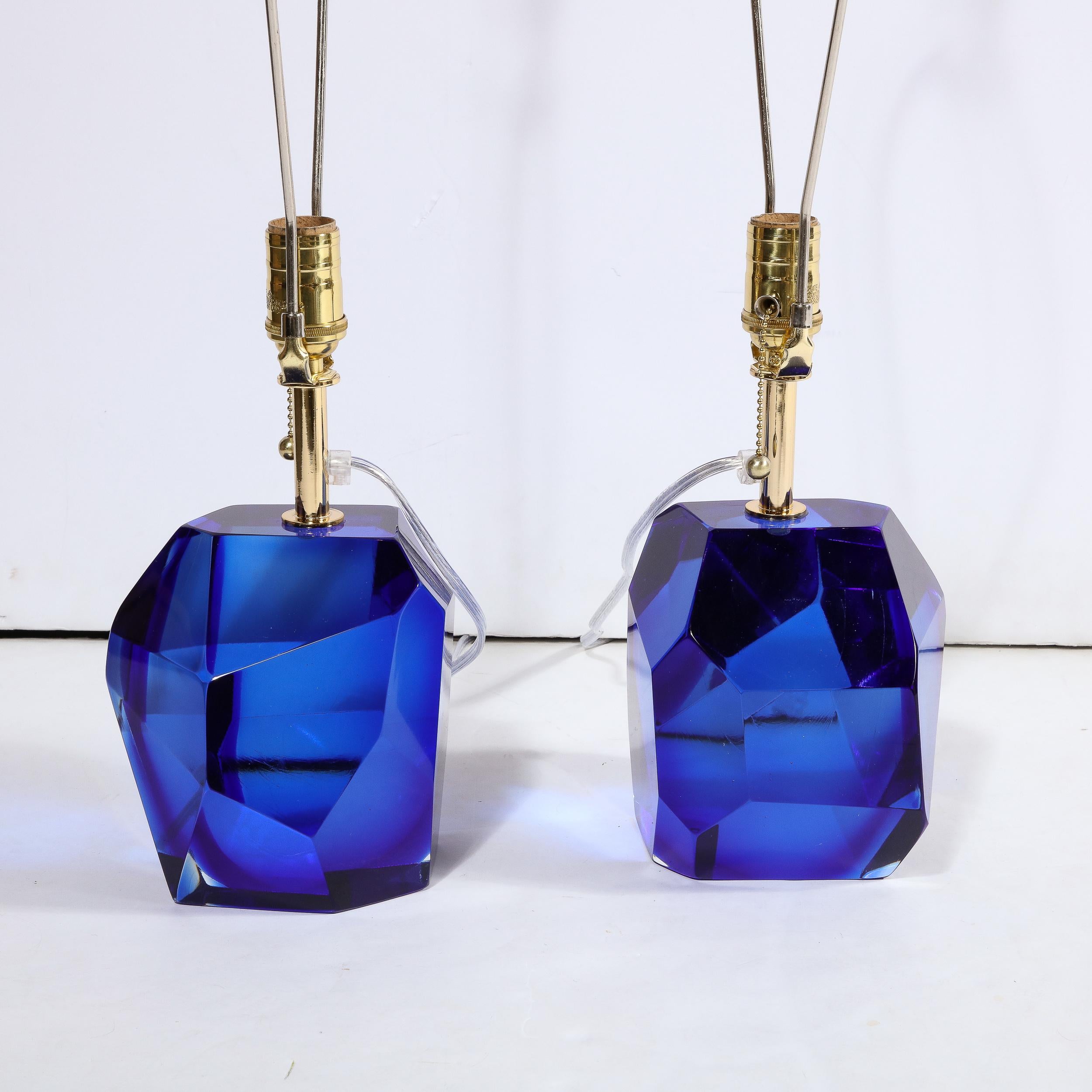 Pair of Modernist Faceted Hand-Blown Murano Glass Table Lamps in Sapphire For Sale 9