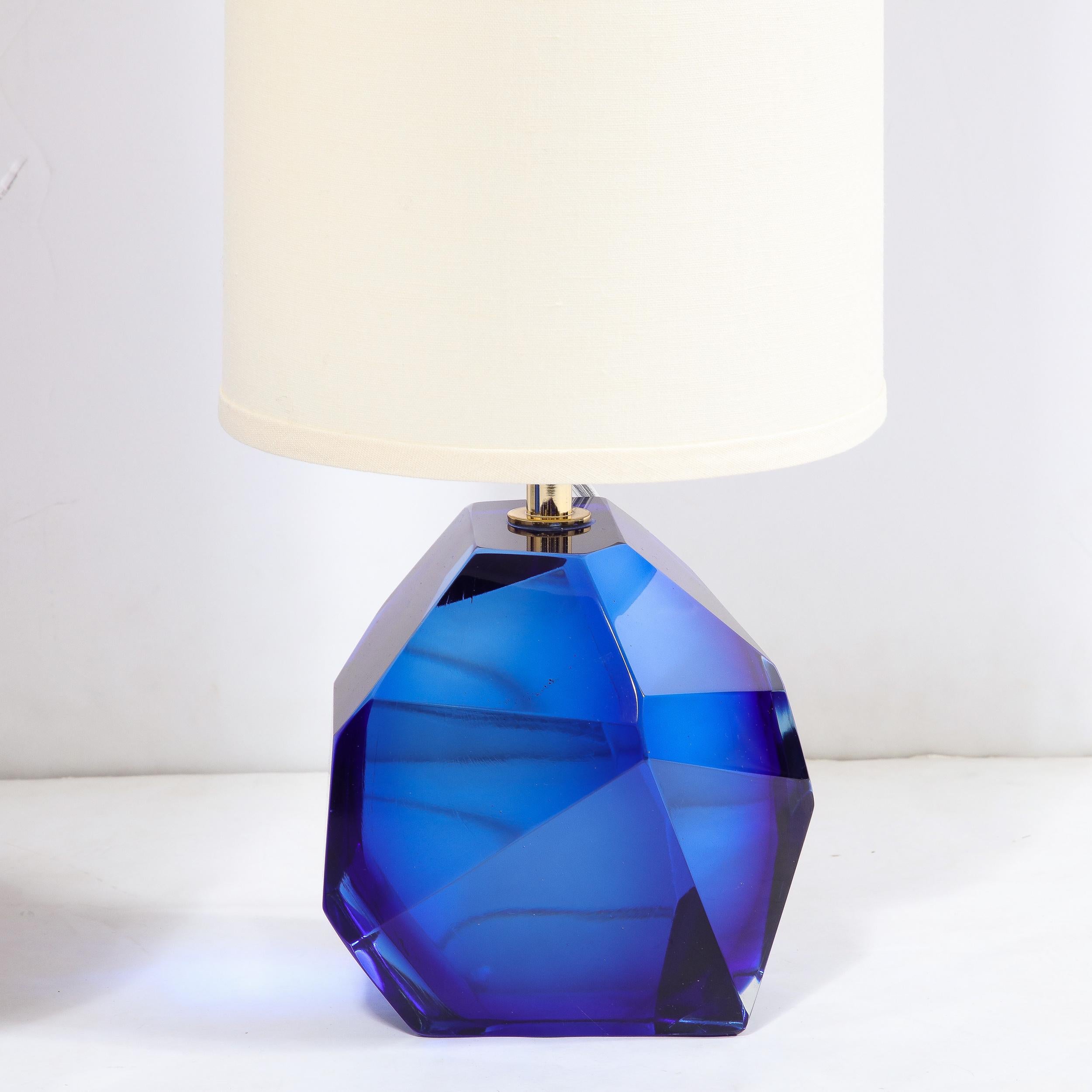 Pair of Modernist Faceted Hand-Blown Murano Glass Table Lamps in Sapphire For Sale 1