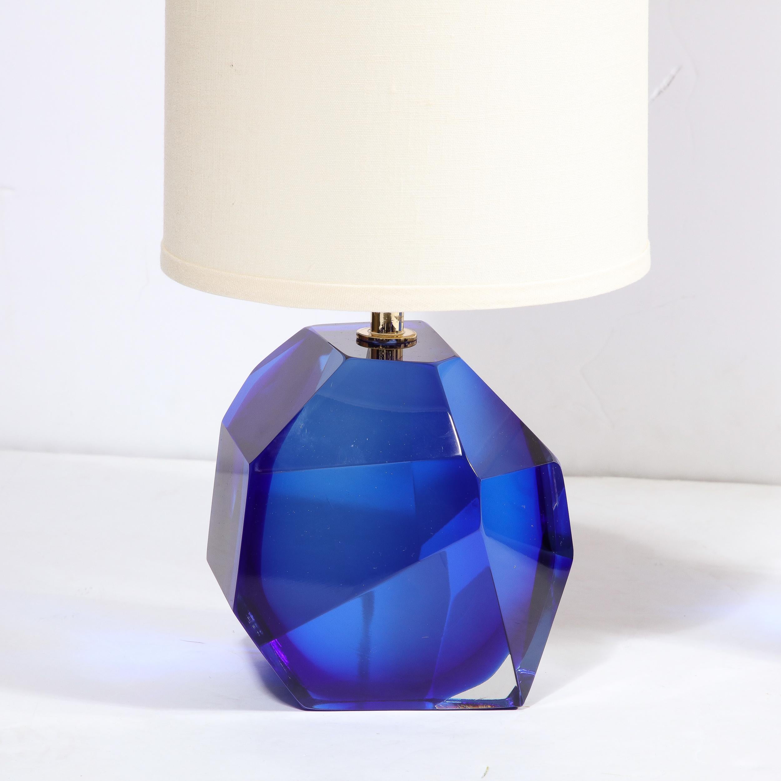 Pair of Modernist Faceted Hand-Blown Murano Glass Table Lamps in Sapphire For Sale 2