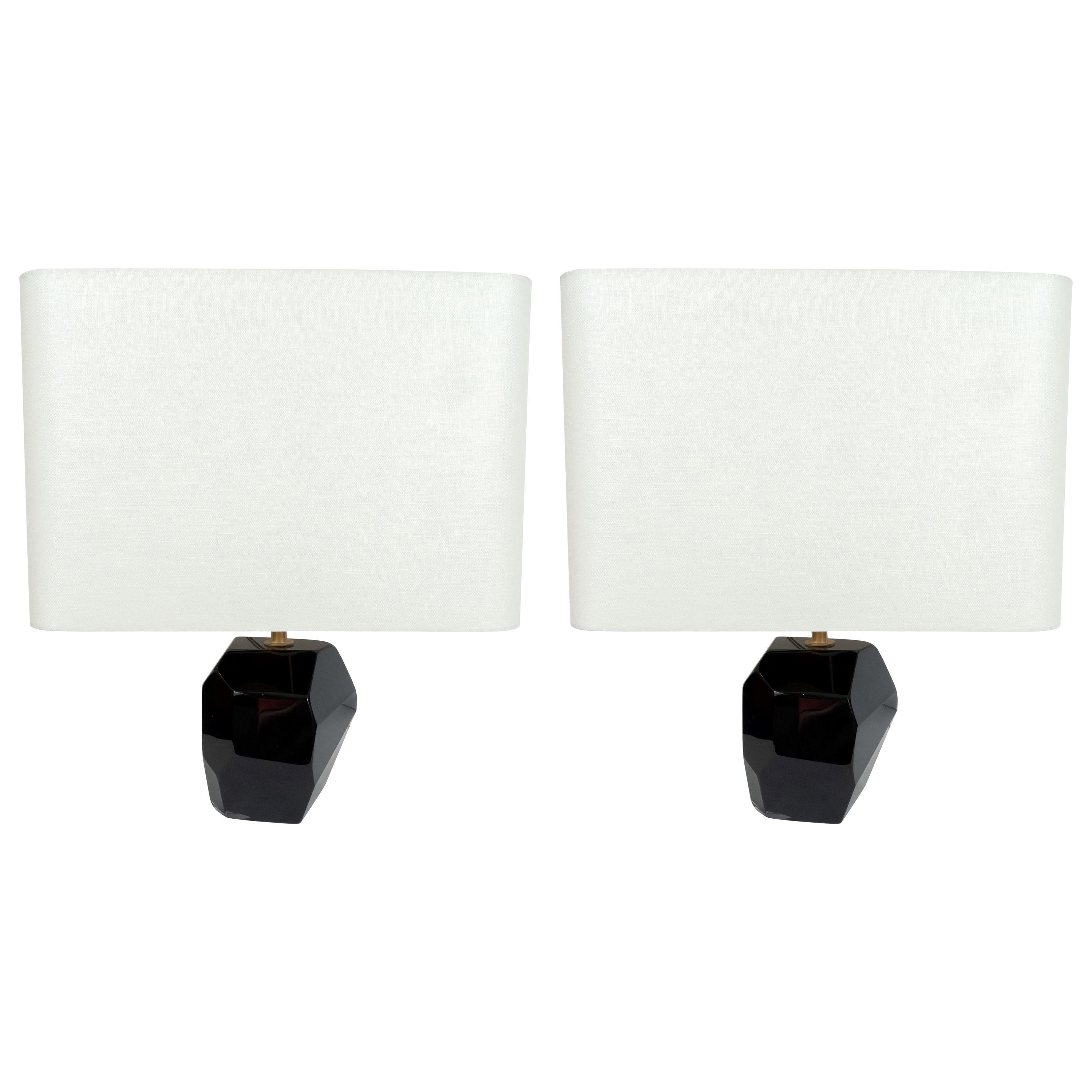 Pair of Modernist Faceted Lamps in Dark Sable Handblown Murano Glass For Sale