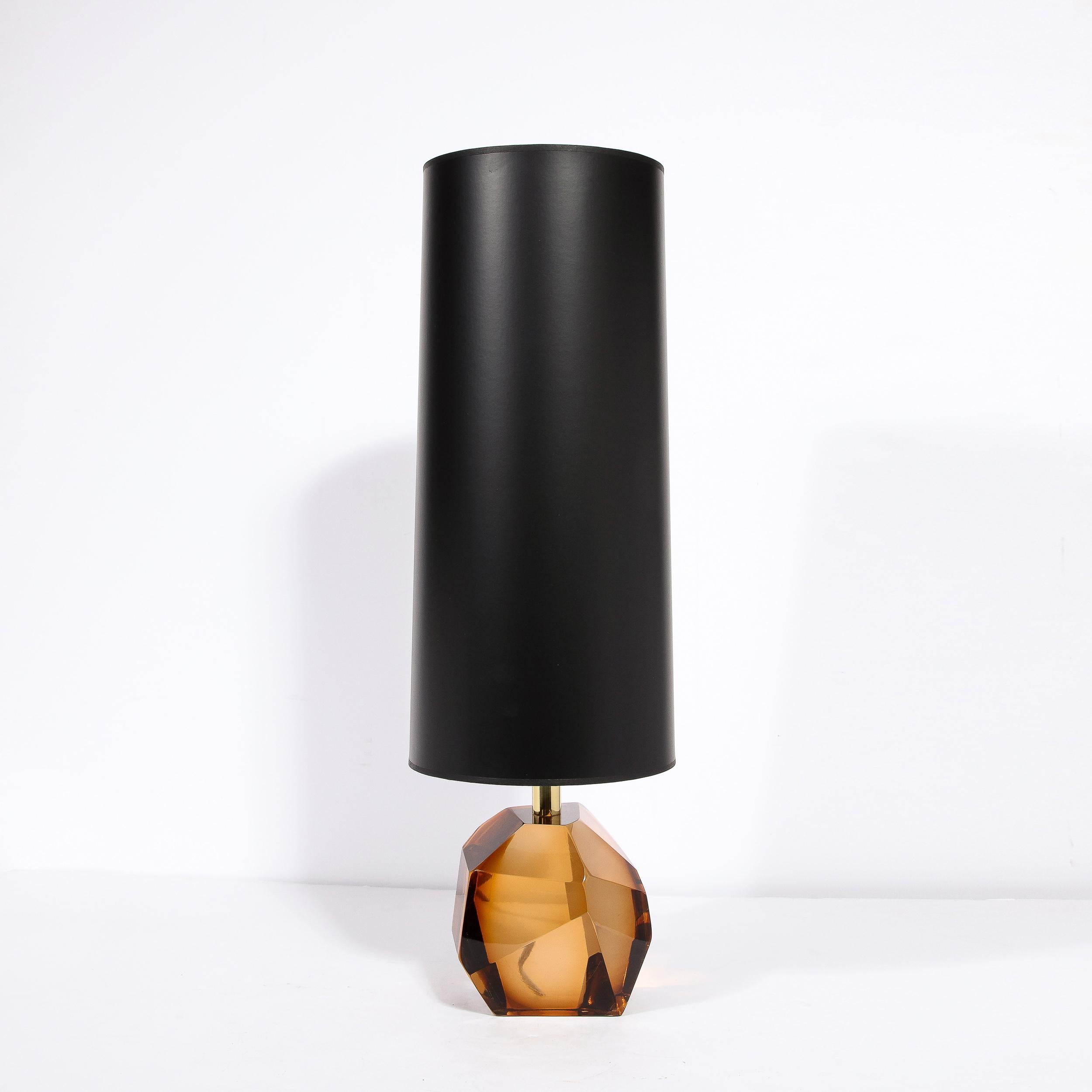 Italian Pair of Modernist Faceted Table Lamps in Smoked Amber Hand-Blown Murano Glass For Sale