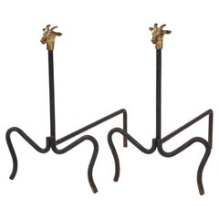 Vintage Pair of Modernist Forged Iron Horned Goat/Calf Motif Andirons, France, c. 1940