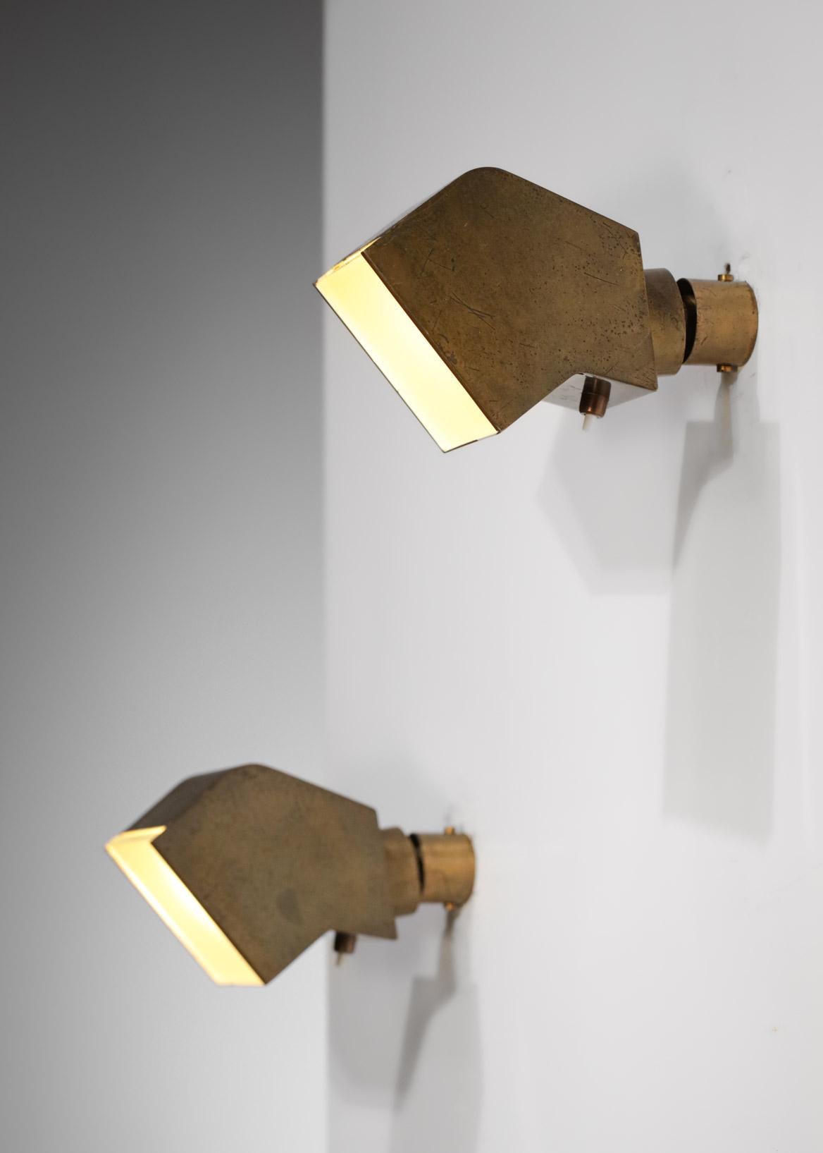 Pair of Modernist French Sconces Jacques Biny Style Solid Brass, E563 9