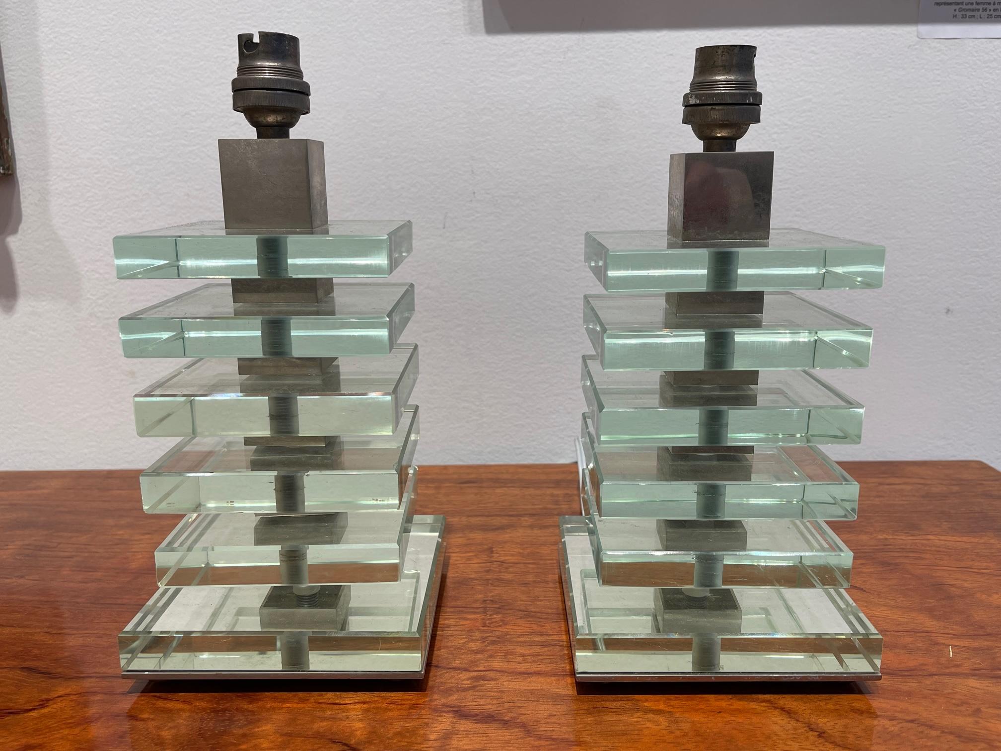 Modernistische Tischlampen aus Glas und Nickel von Desny, Art Deco, Frankreich, Paar (Mitte des 20. Jahrhunderts) im Angebot