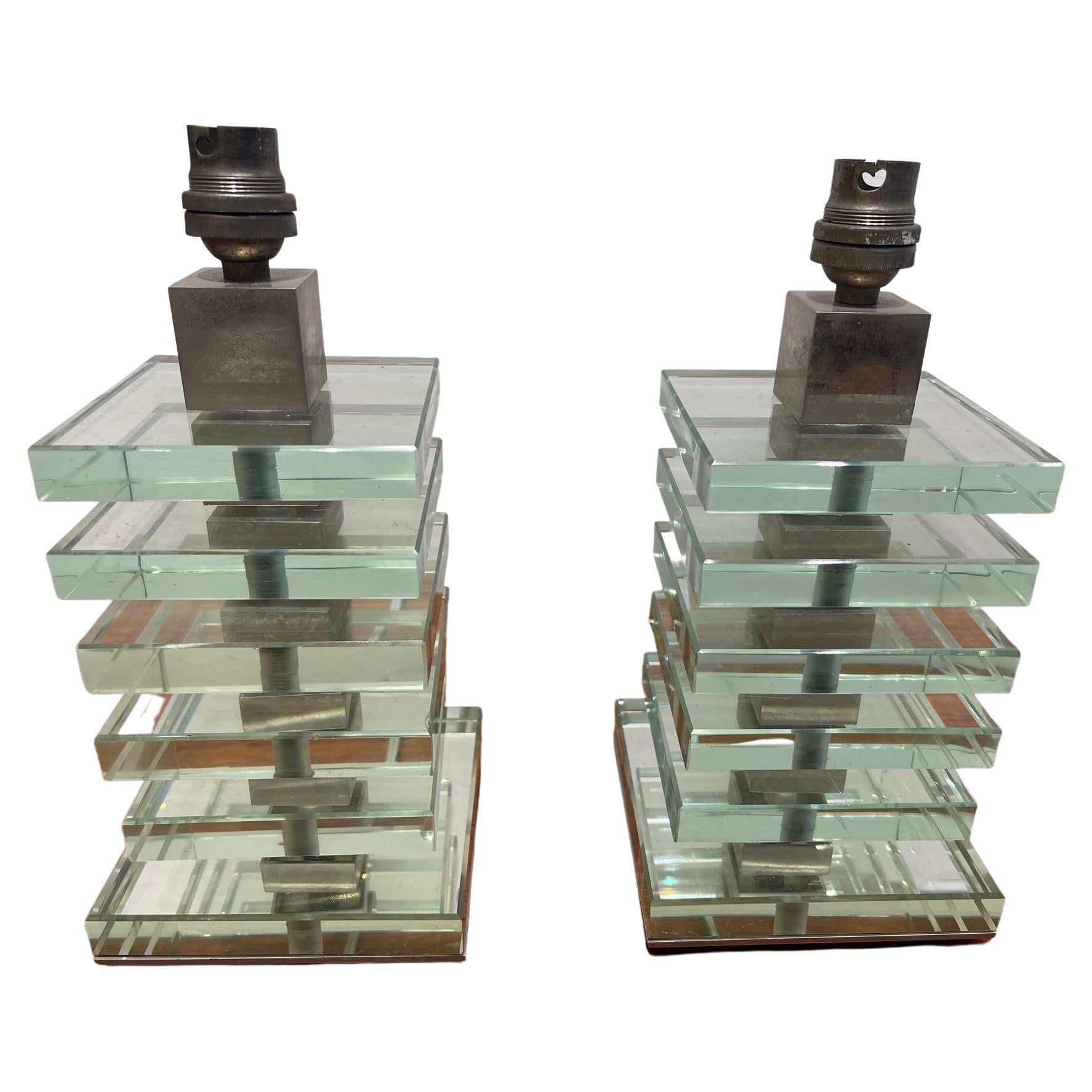 Modernistische Tischlampen aus Glas und Nickel von Desny, Art Deco, Frankreich, Paar