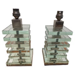 Pair of Modernist Glass and Nickel Table Lamps by Desny, Art Deco, France