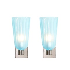 Pair of Modernist Hand-Blown Murano Arctic Blue Fluted Glass Sconces & Nickel