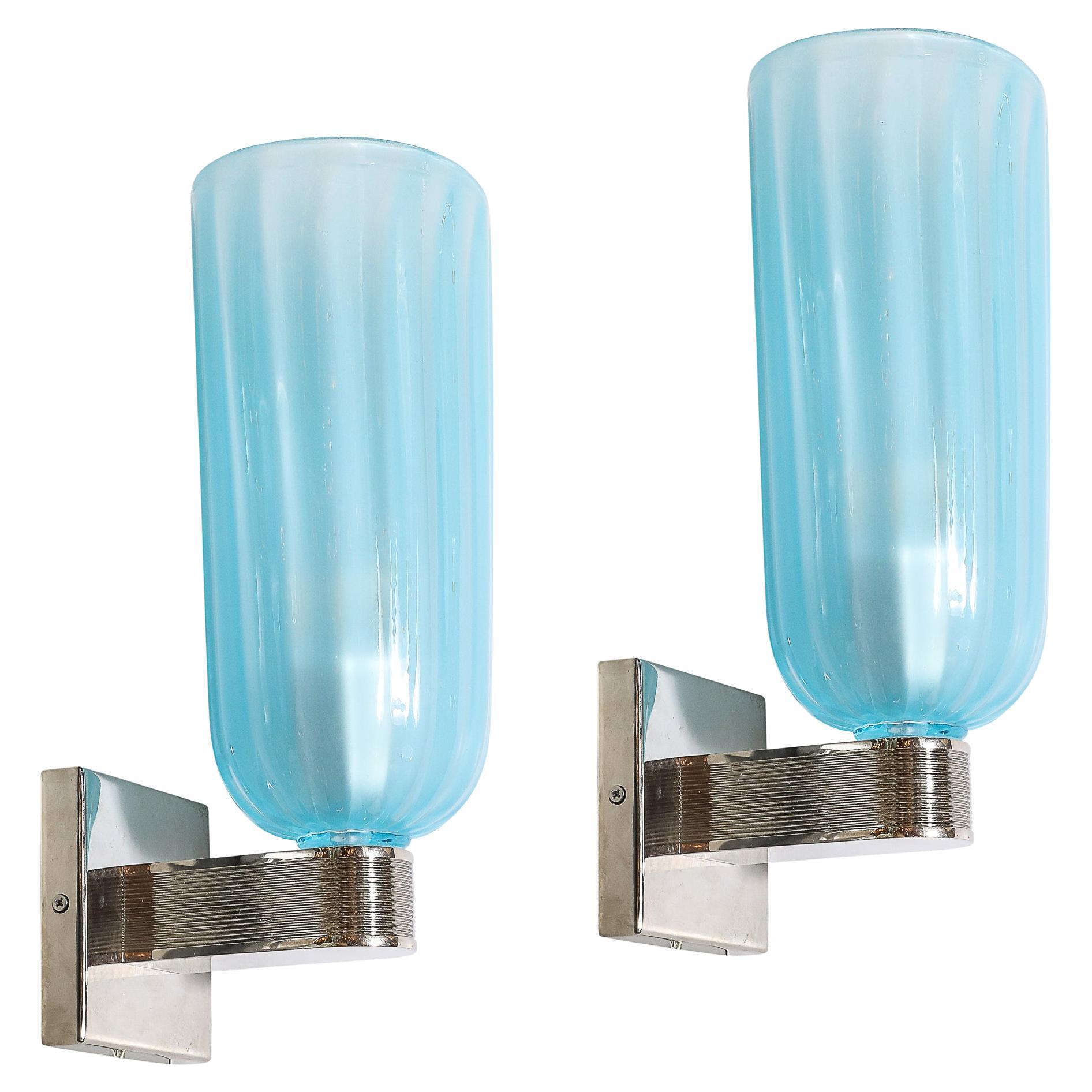 Pair of Modernist Hand-Blown Murano Arctic Blue Fluted Glass Sconces & Nickel For Sale