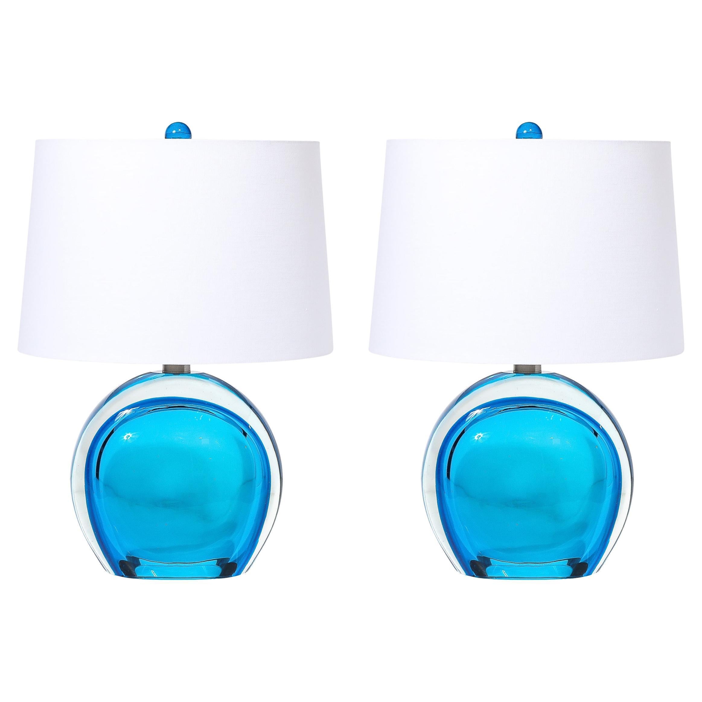 Paire de lampes de bureau modernistes en verre de Murano bleu cobalt soufflé à la main
