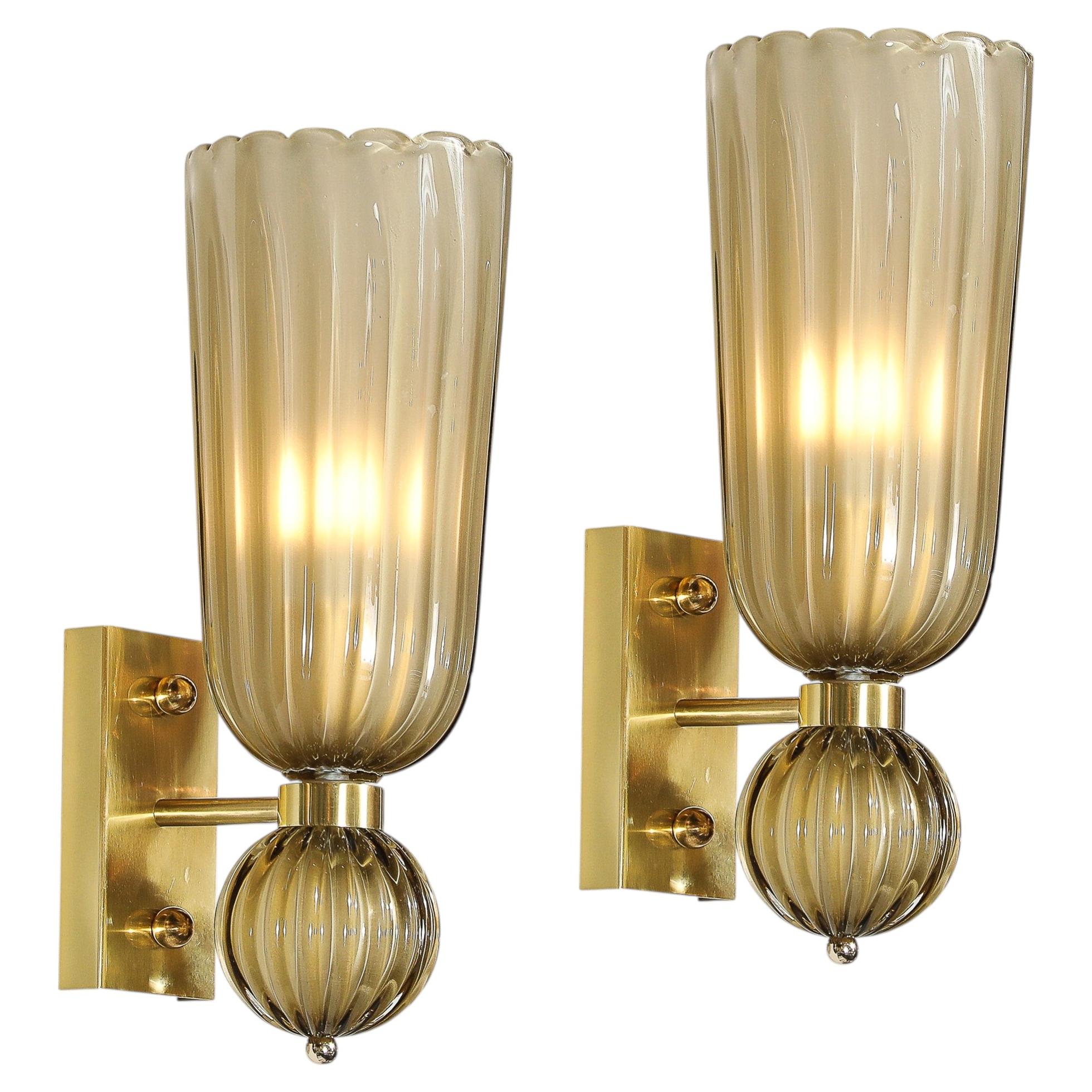 Pair of Modernist Hand-Blown Murano Fluted Glass Sconces in Frosted Smoked Topaz