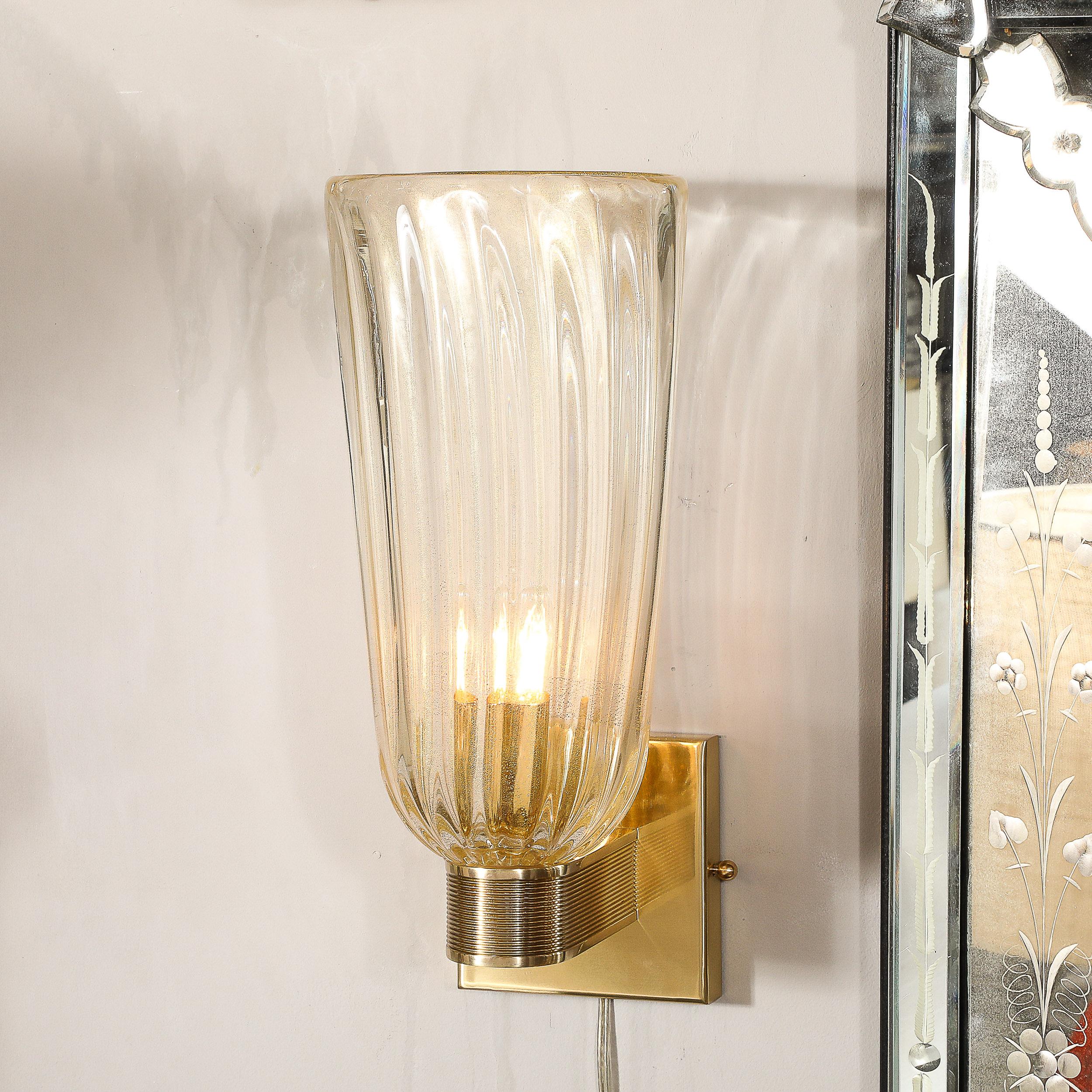 Italian Pair of Modernist Hand-Blown Murano Fluted Glass Sconces W/ 24kt Gold Flecks For Sale