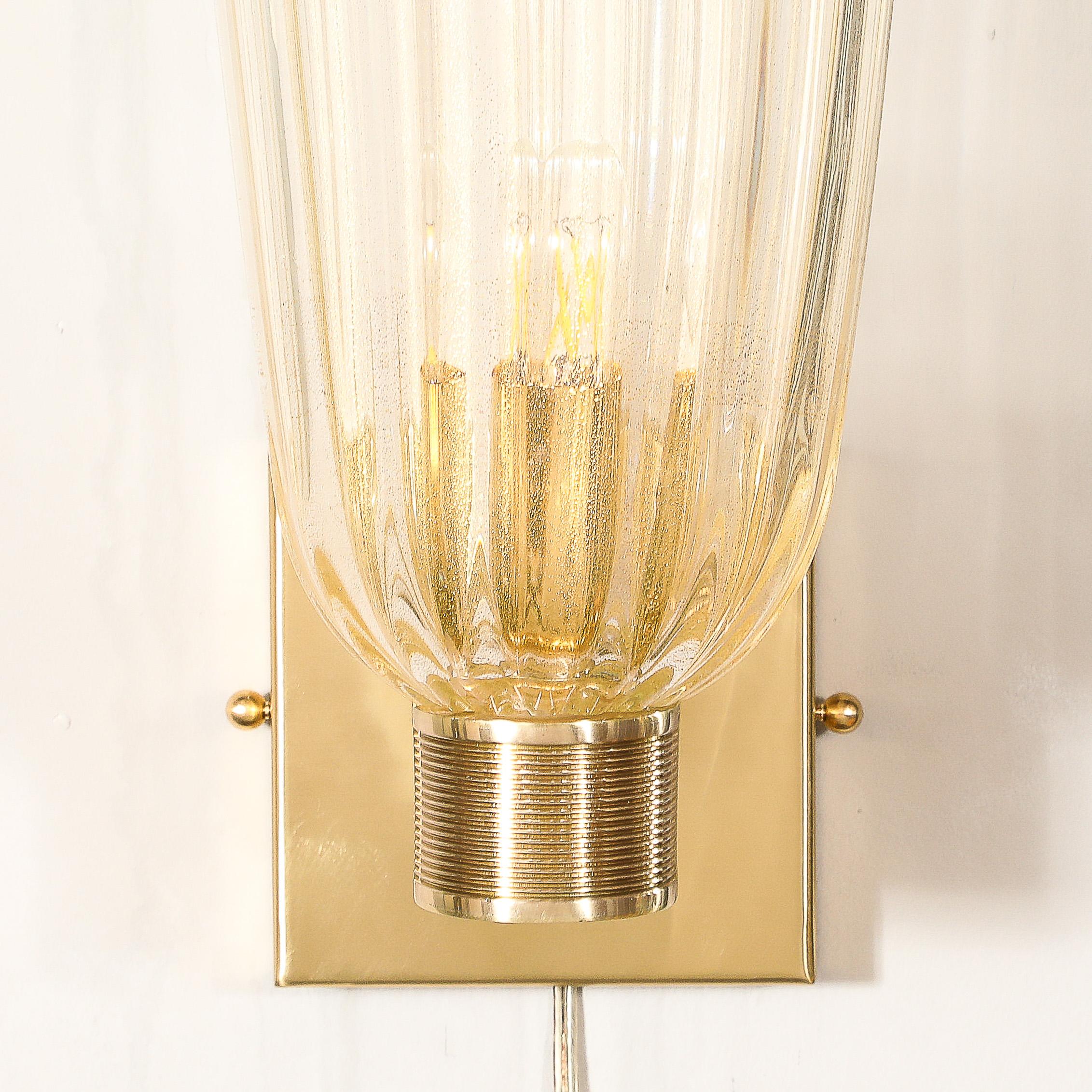 Contemporary Pair of Modernist Hand-Blown Murano Fluted Glass Sconces W/ 24kt Gold Flecks For Sale