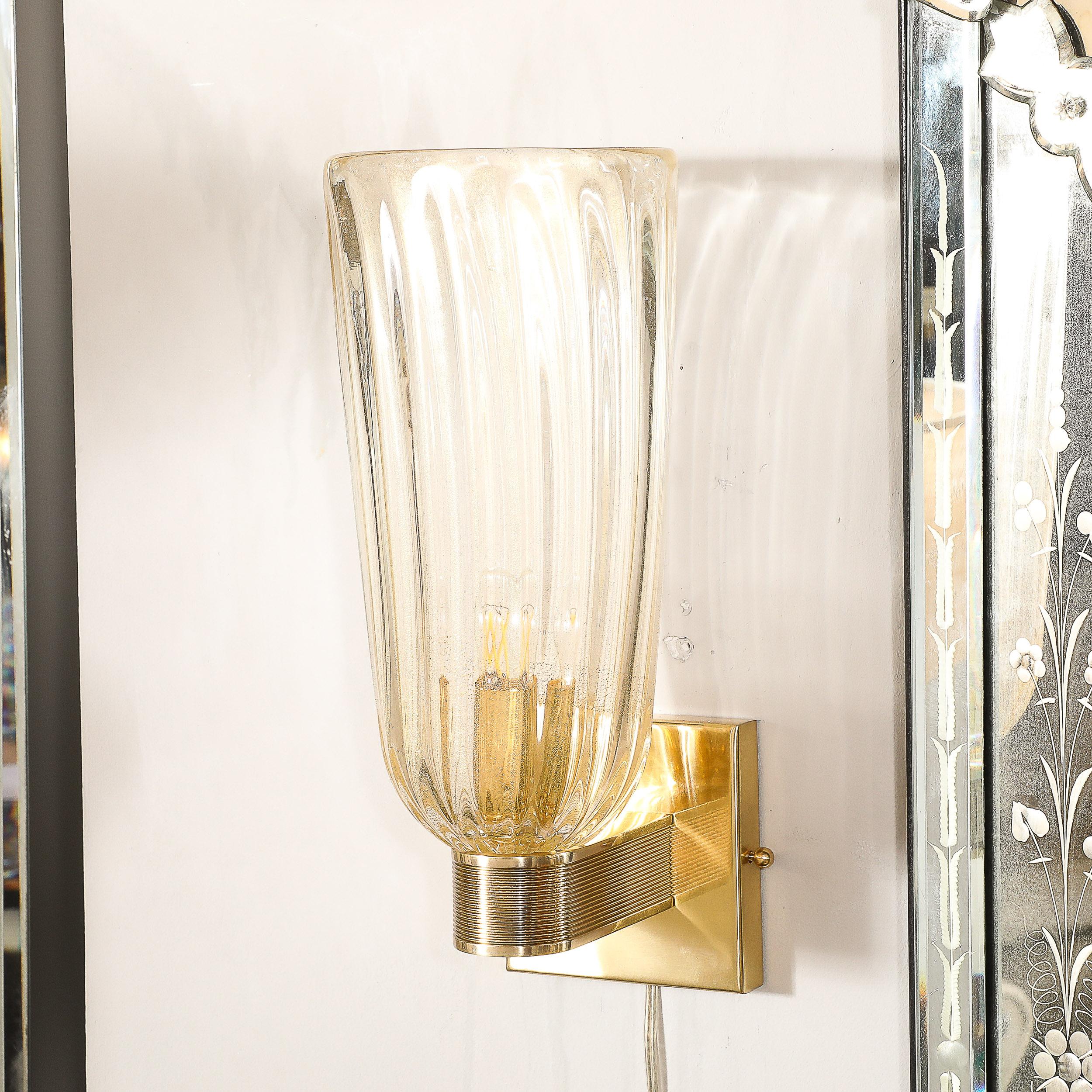 Pair of Modernist Hand-Blown Murano Fluted Glass Sconces W/ 24kt Gold Flecks For Sale 1
