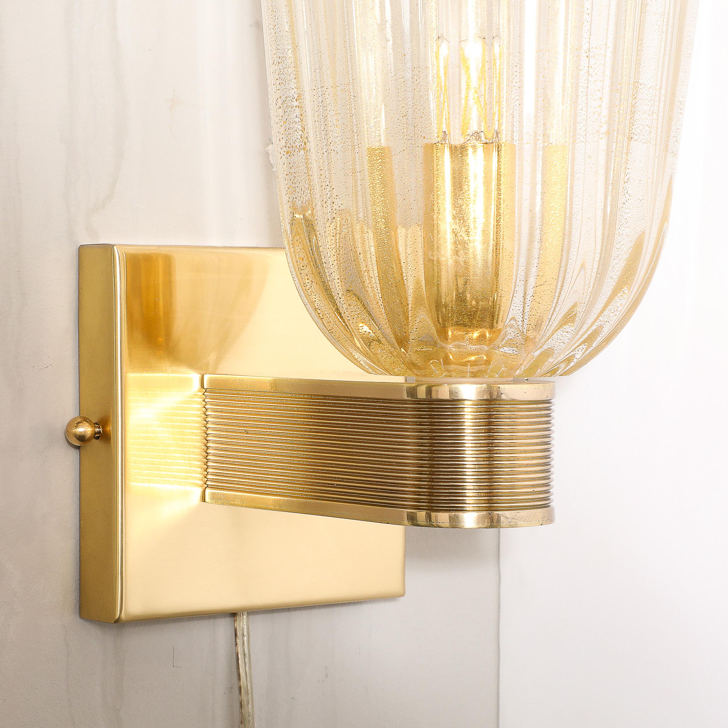 Pair of Modernist Hand-Blown Murano Fluted Glass Sconces W/ 24kt Gold Flecks For Sale 4