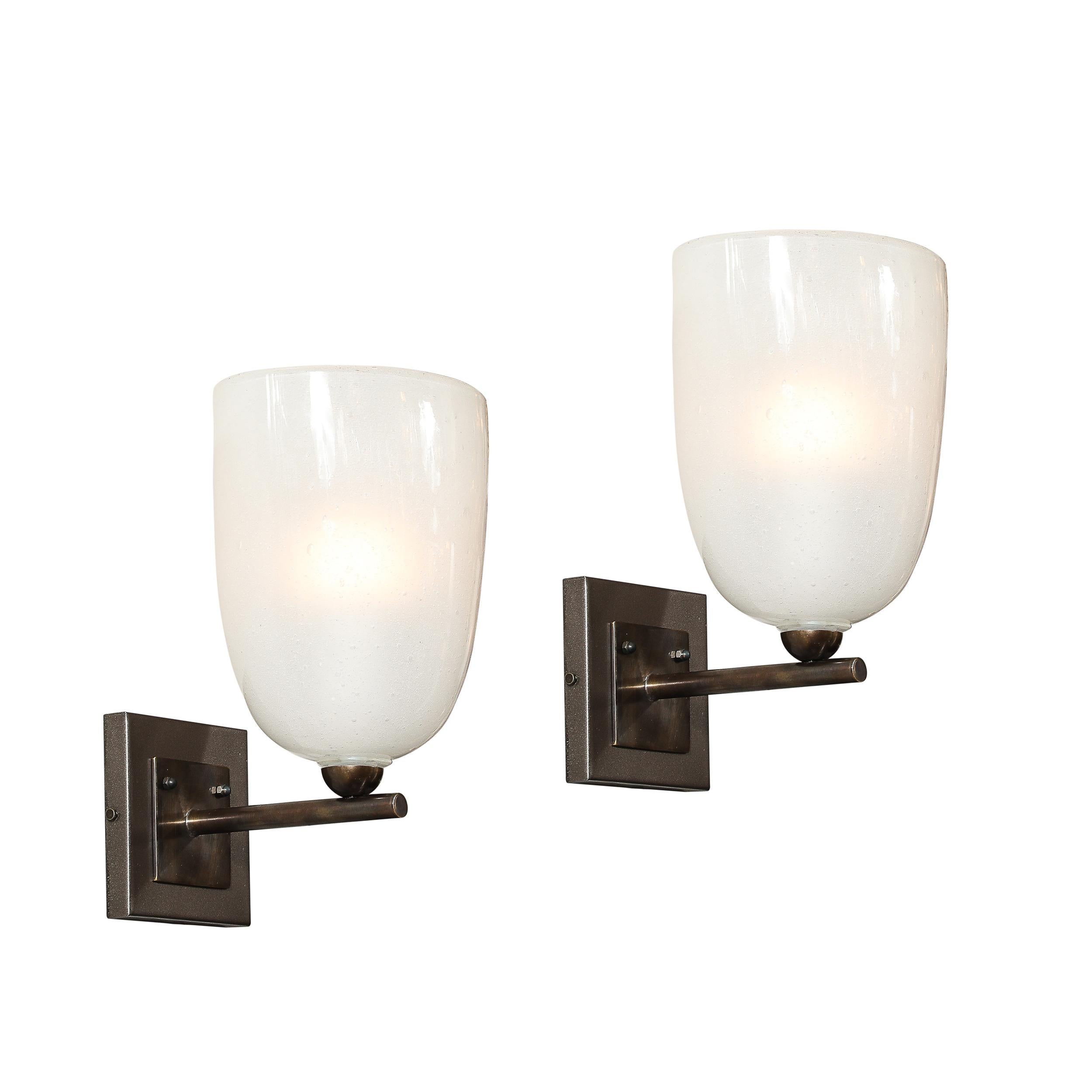 Pair of Modernist Hand-Blown Murano Glass Pulegoso Sconces in Oil Rubbed Bronze