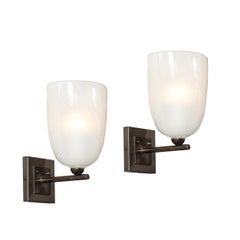 Pair of Modernist Hand-Blown Murano Glass Pulegoso Sconces in Oil Rubbed Bronze