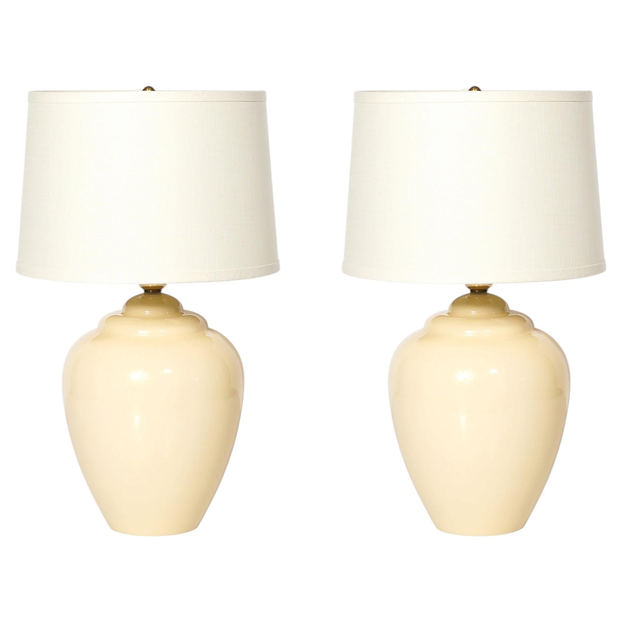 Pair of Modernist Hand-Blown Murano Glass Urn Form Vellum Hue Table Lamps