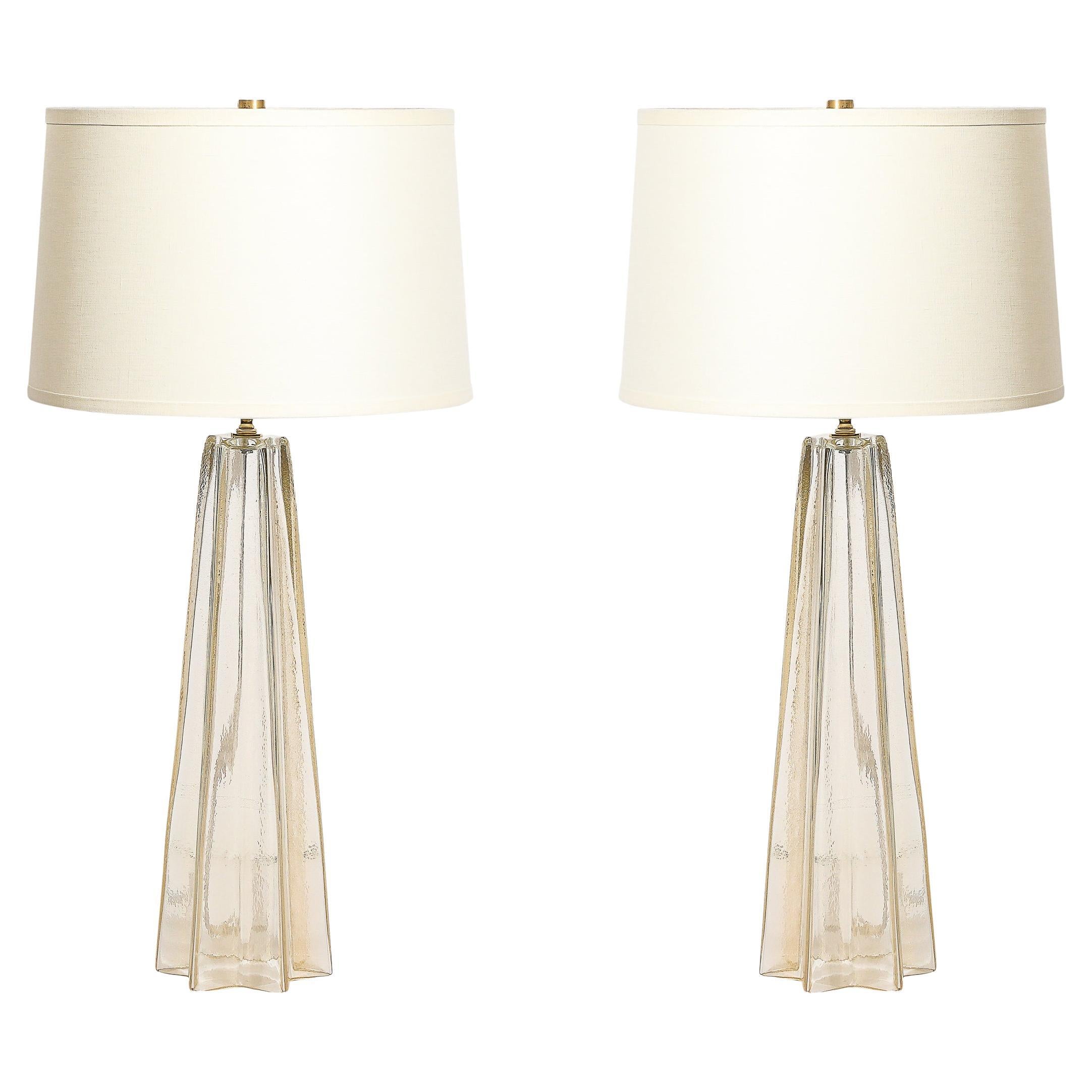 Pair of Modernist Hand-Blown Murano Glass X Form Table Lamps W/ 24 Karat Gold