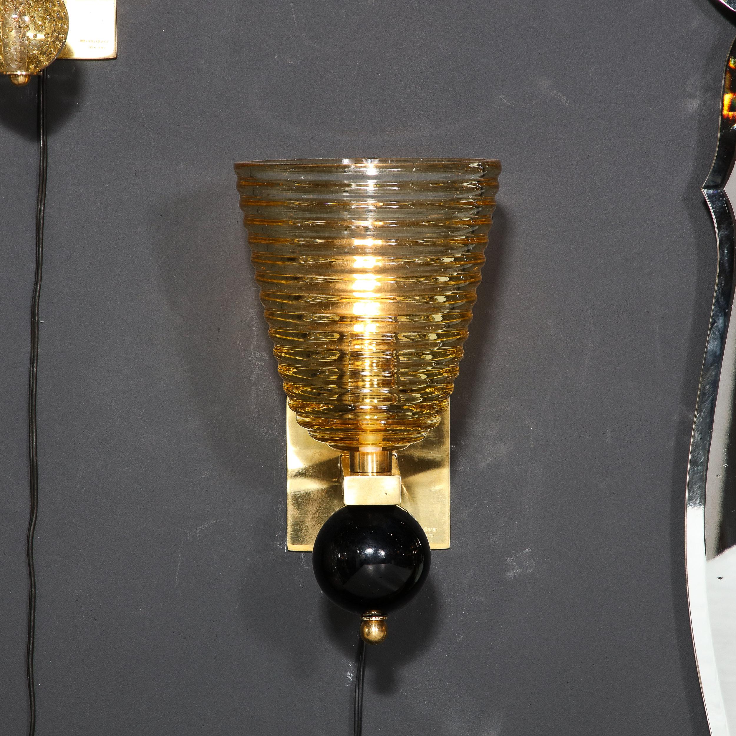 Italian Pair of Modernist Hand-Blown Murano Hive Glass Form Sconces w/ Jet Black Orbital For Sale