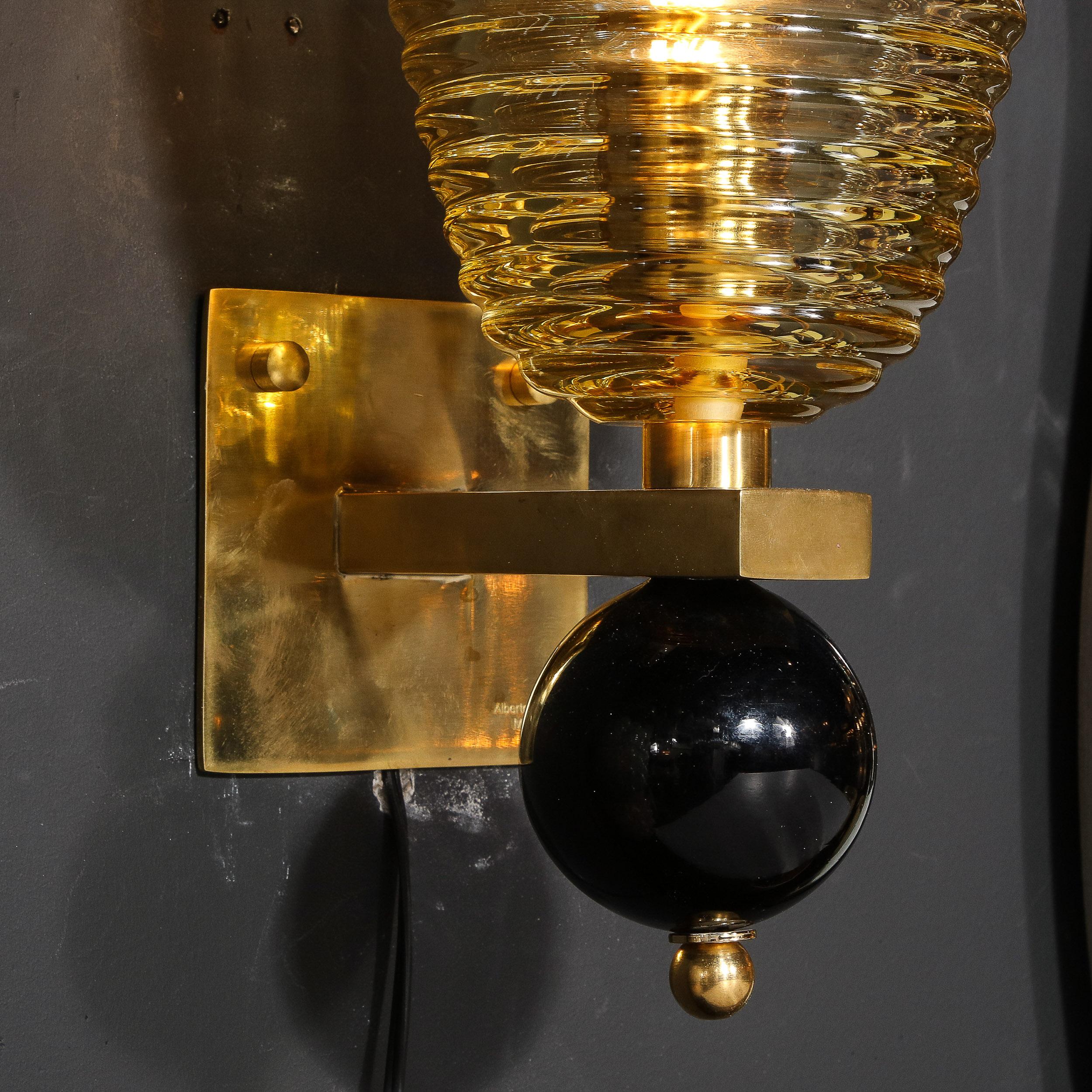 Pair of Modernist Hand-Blown Murano Hive Glass Form Sconces w/ Jet Black Orbital In New Condition For Sale In New York, NY