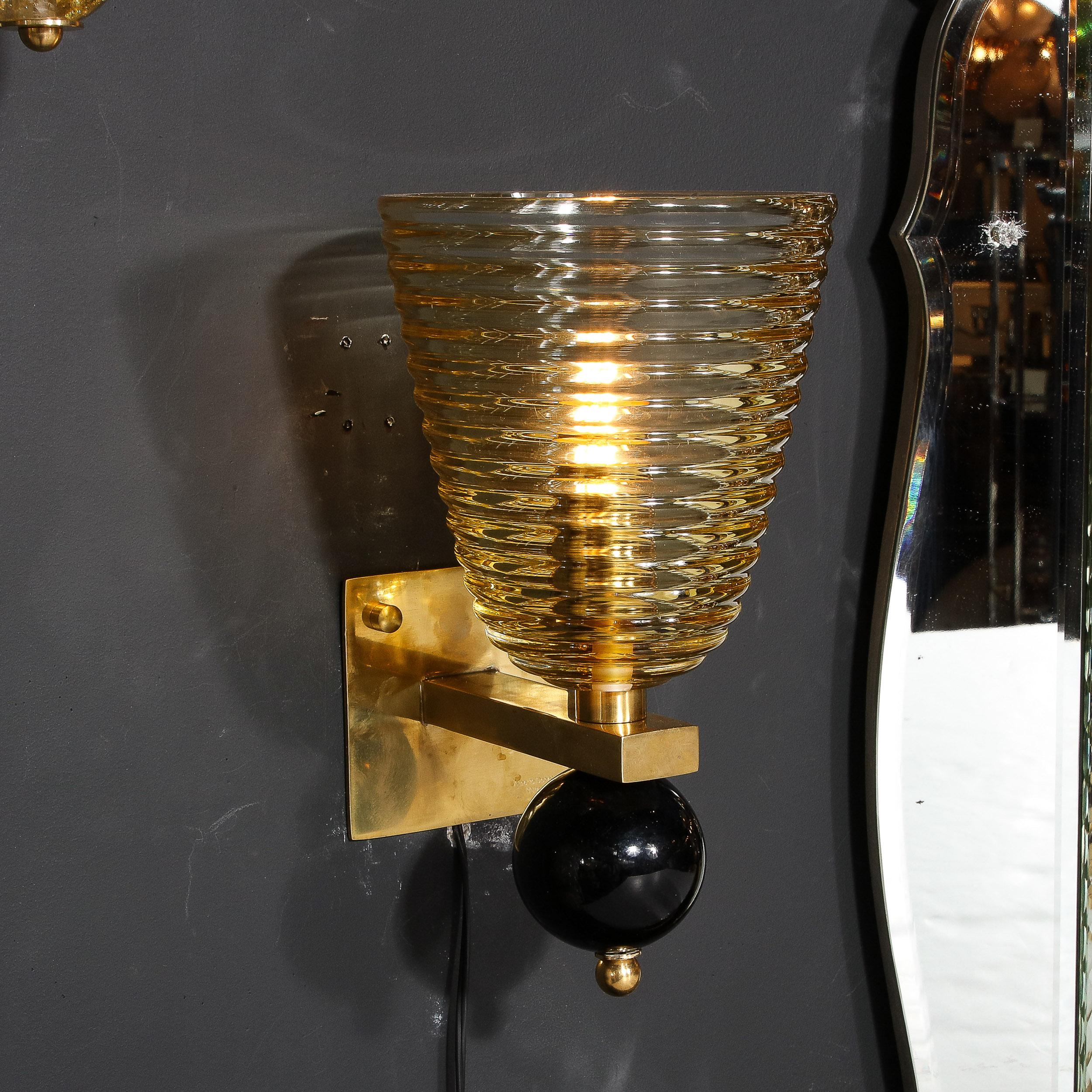 Contemporary Pair of Modernist Hand-Blown Murano Hive Glass Form Sconces w/ Jet Black Orbital For Sale