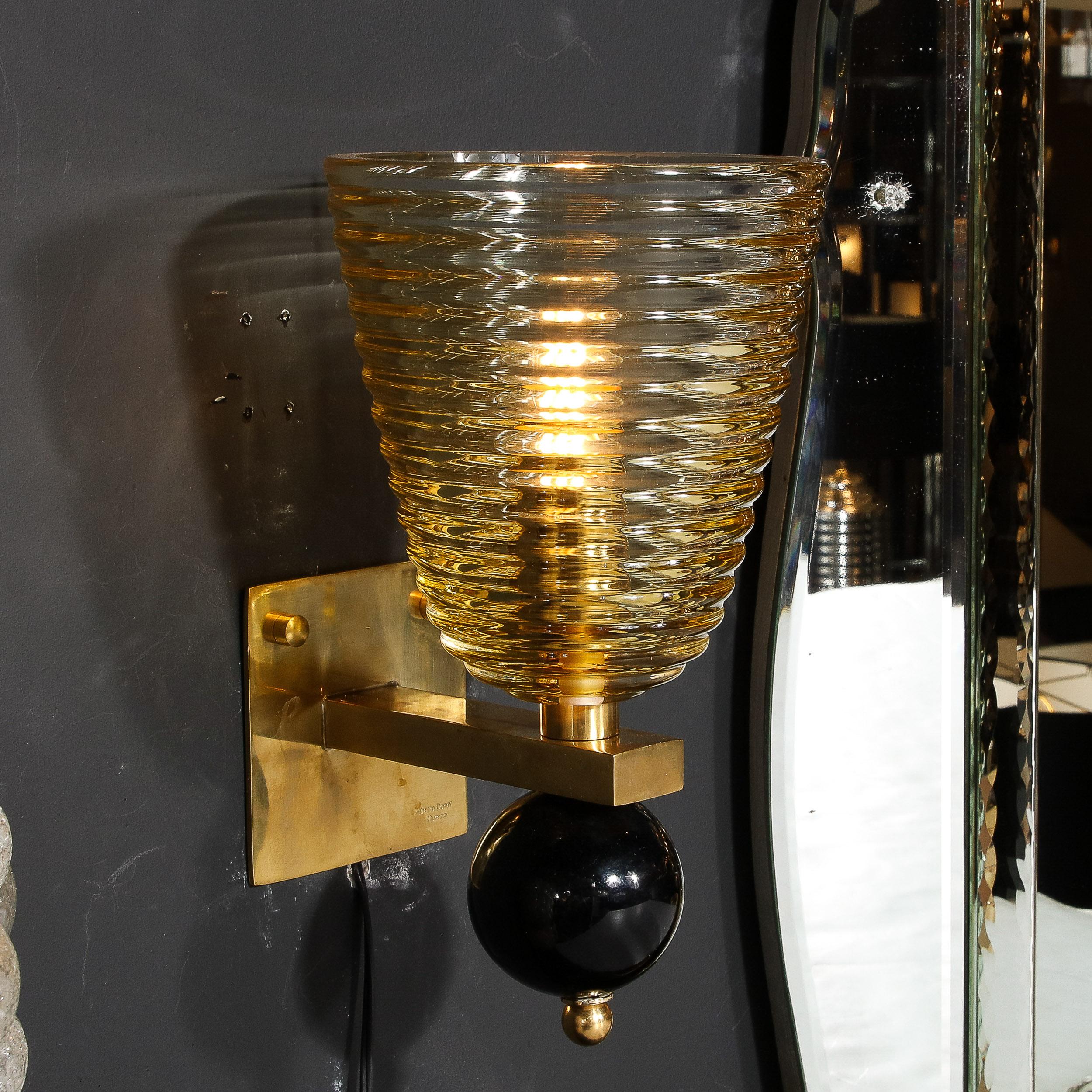 Brass Pair of Modernist Hand-Blown Murano Hive Glass Form Sconces w/ Jet Black Orbital For Sale