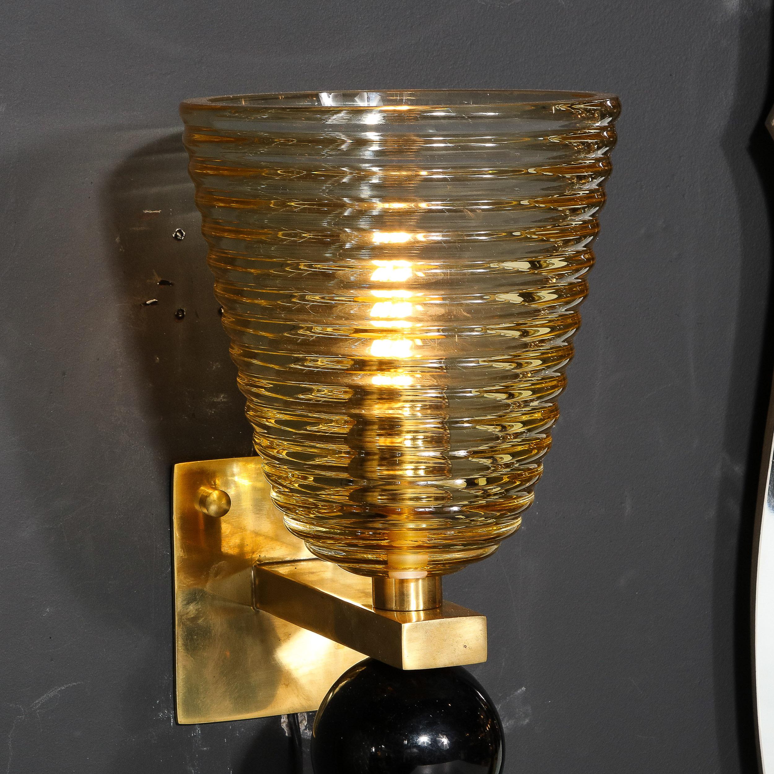Pair of Modernist Hand-Blown Murano Hive Glass Form Sconces w/ Jet Black Orbital For Sale 2