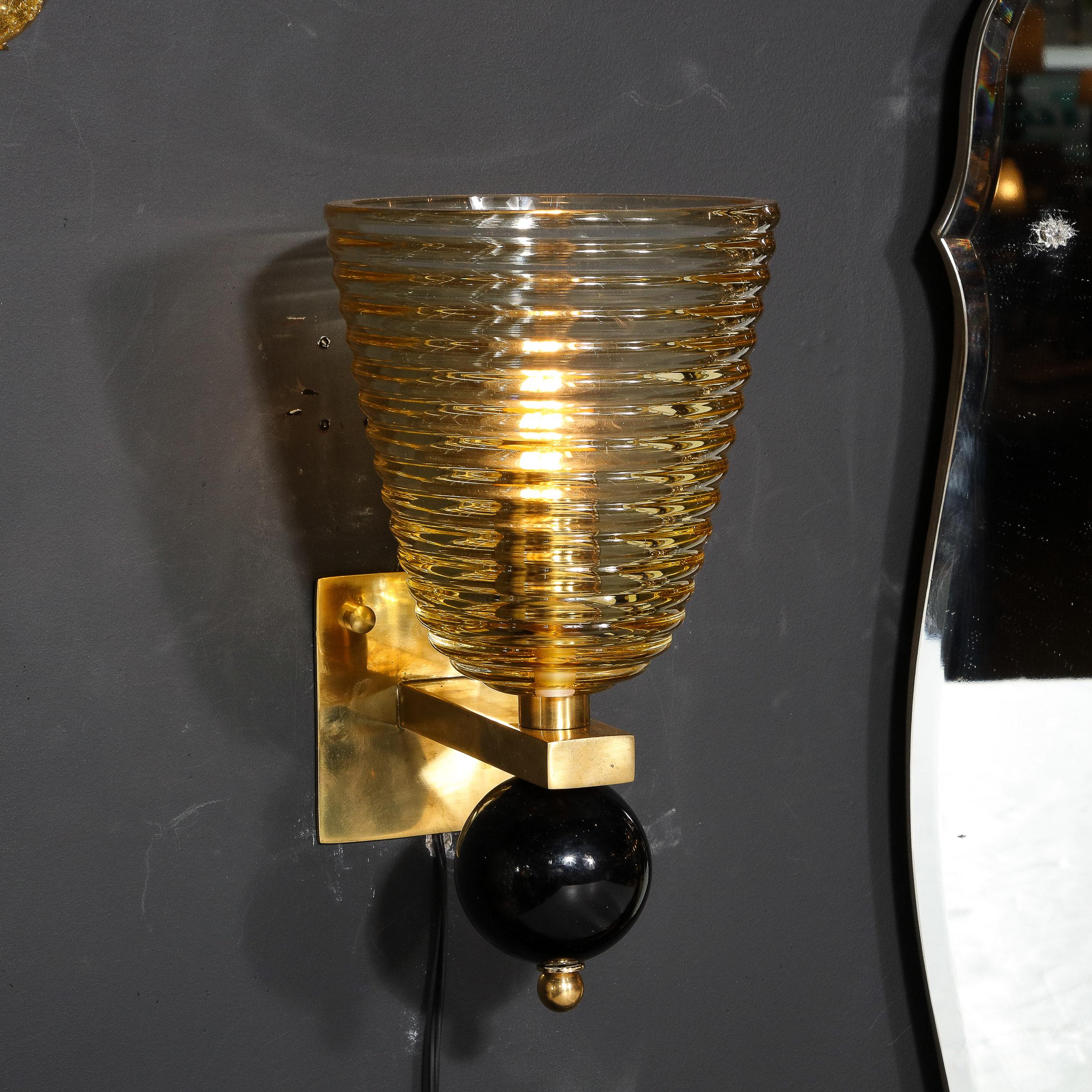 Pair of Modernist Hand-Blown Murano Hive Glass Form Sconces w/ Jet Black Orbital For Sale 3