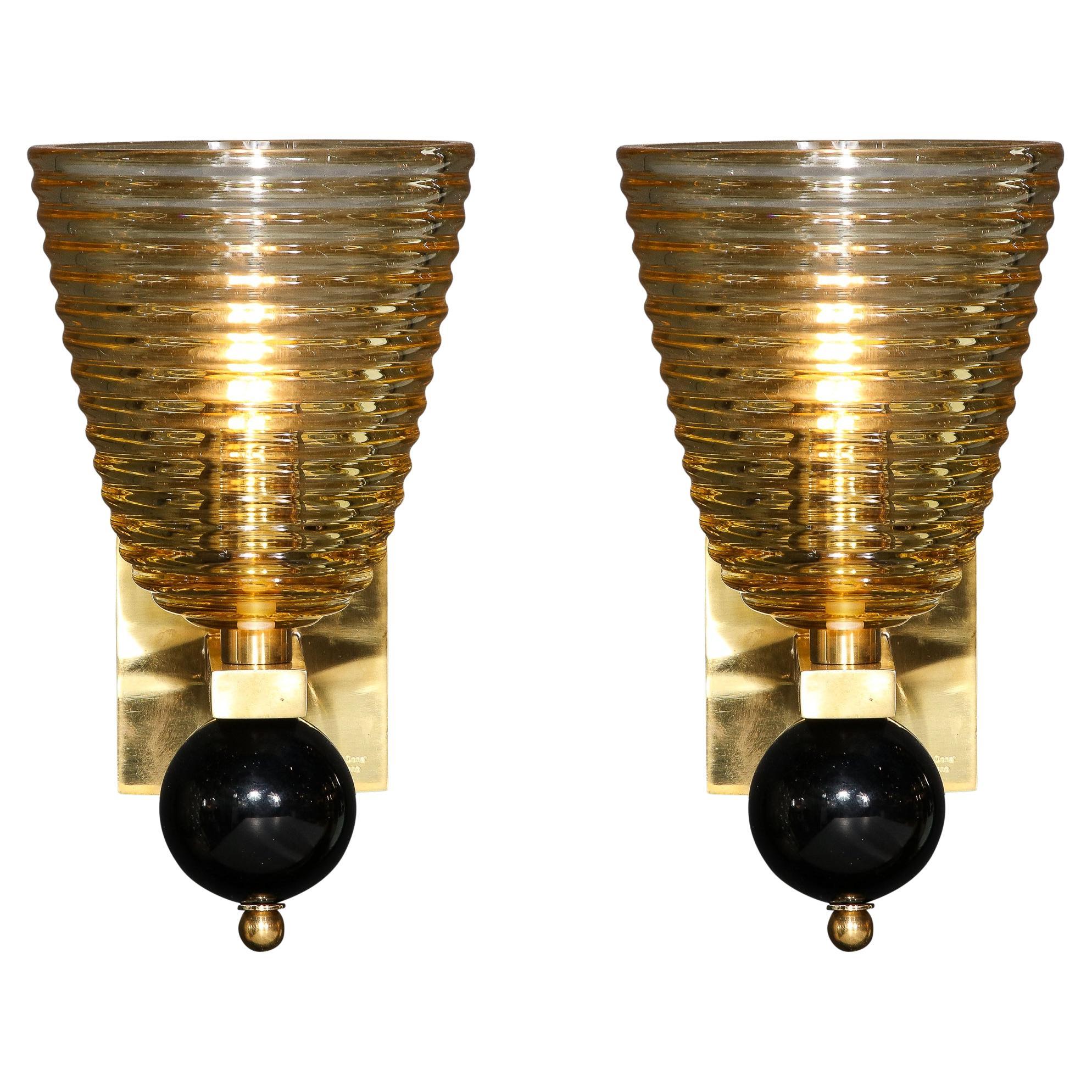 Pair of Modernist Hand-Blown Murano Hive Glass Form Sconces w/ Jet Black Orbital For Sale