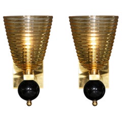 Pair of Modernist Hand-Blown Murano Hive Glass Form Sconces w/ Jet Black Orbital