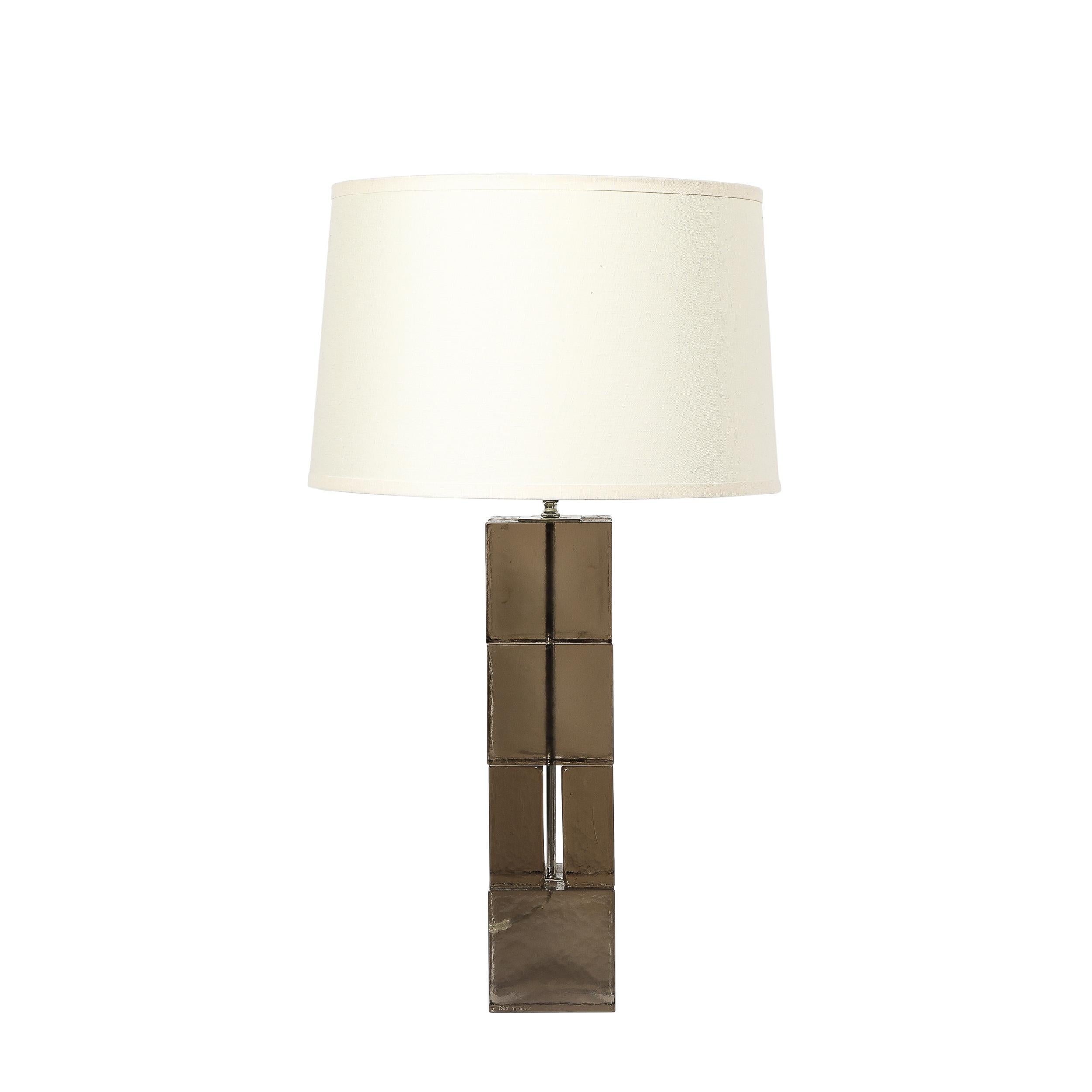 italien Paire de lampes de bureau rectangulaires Totem modernistes en verre de Murano soufflé à la main et fumé en vente