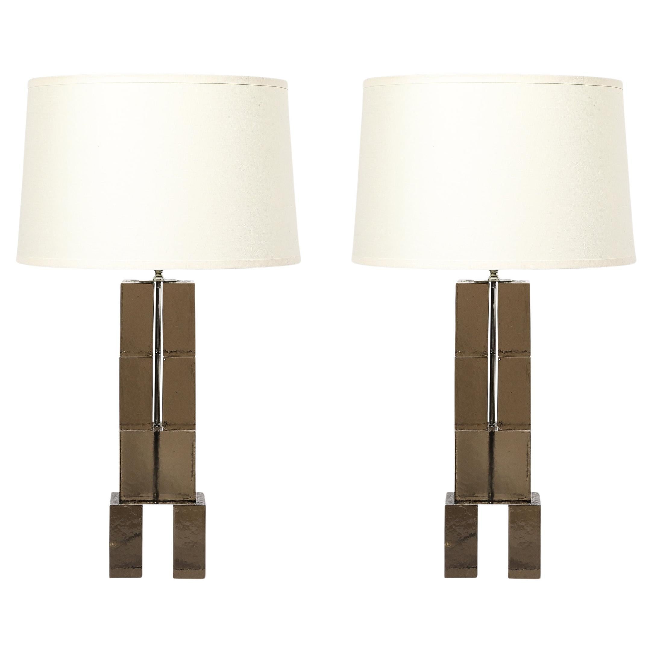 Pair of Modernist Hand-Blown Murano Smoked Glass Rectilinear Totem Table Lamps