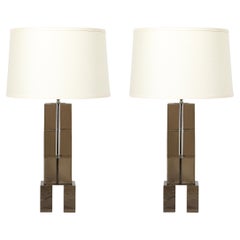 Pair of Modernist Hand-Blown Murano Smoked Glass Rectilinear Totem Table Lamps