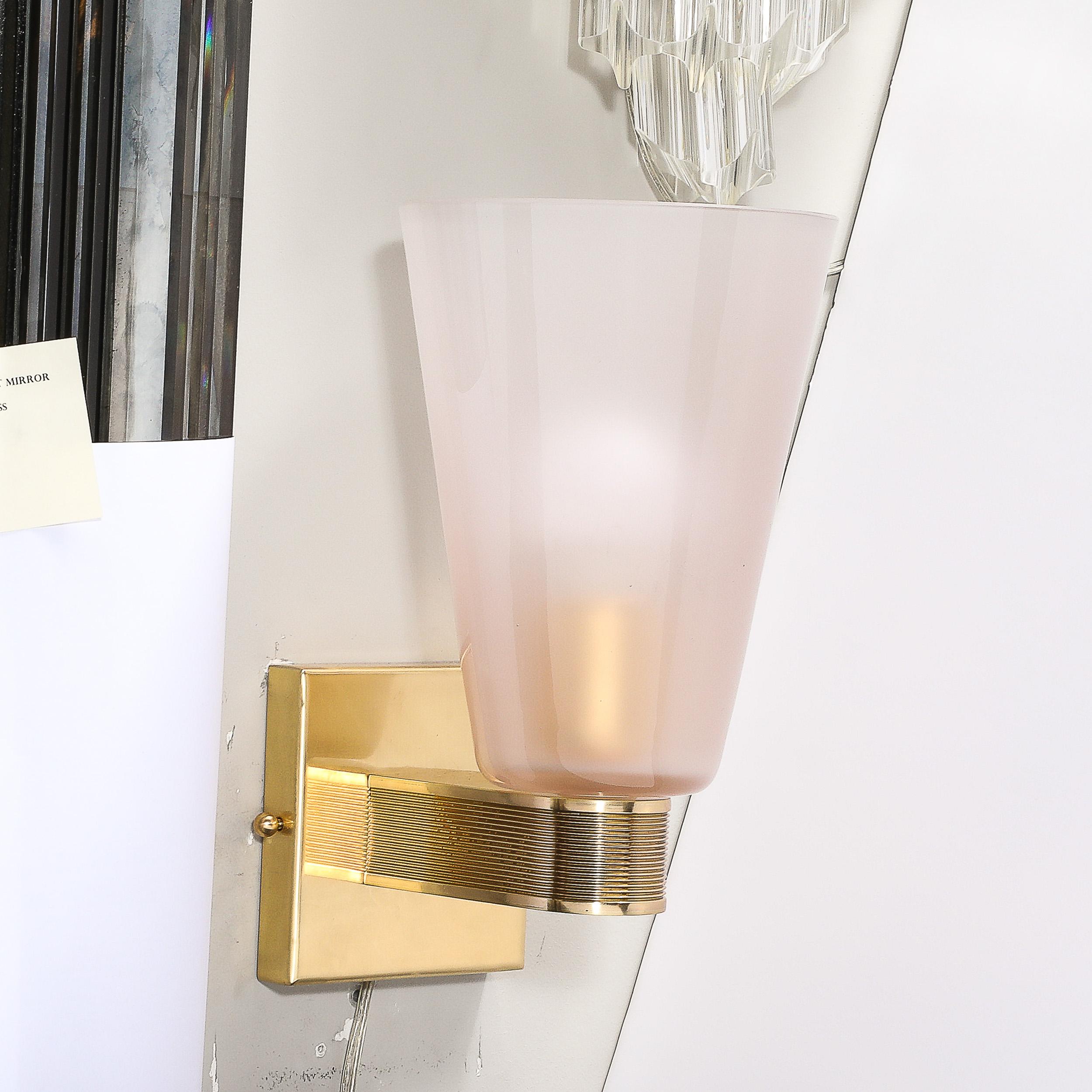 Pair of Modernist Hand-Blown Murano Smoked Pink Glass w/ Reeded Brass Sconces In New Condition For Sale In New York, NY