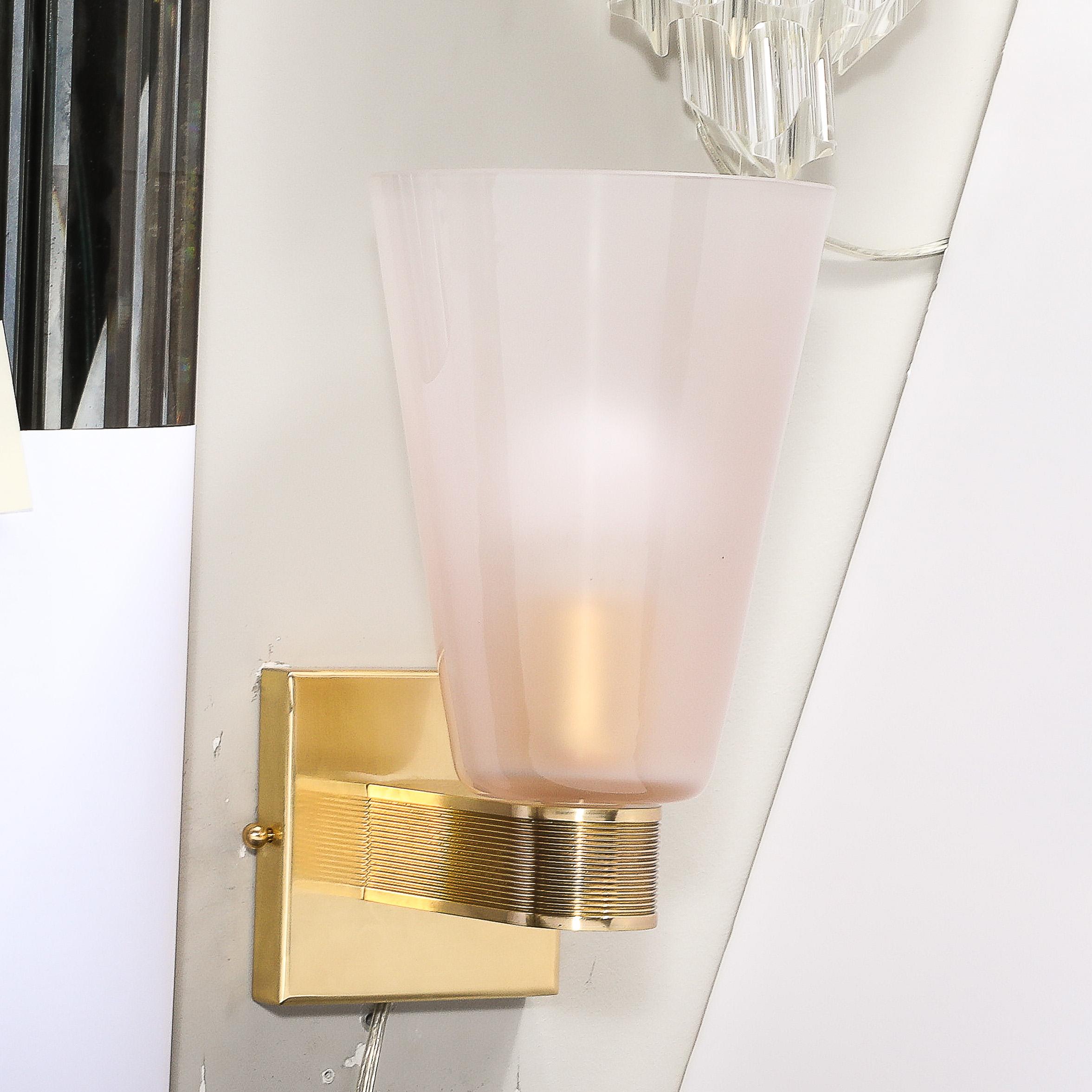 Contemporary Pair of Modernist Hand-Blown Murano Smoked Pink Glass w/ Reeded Brass Sconces For Sale