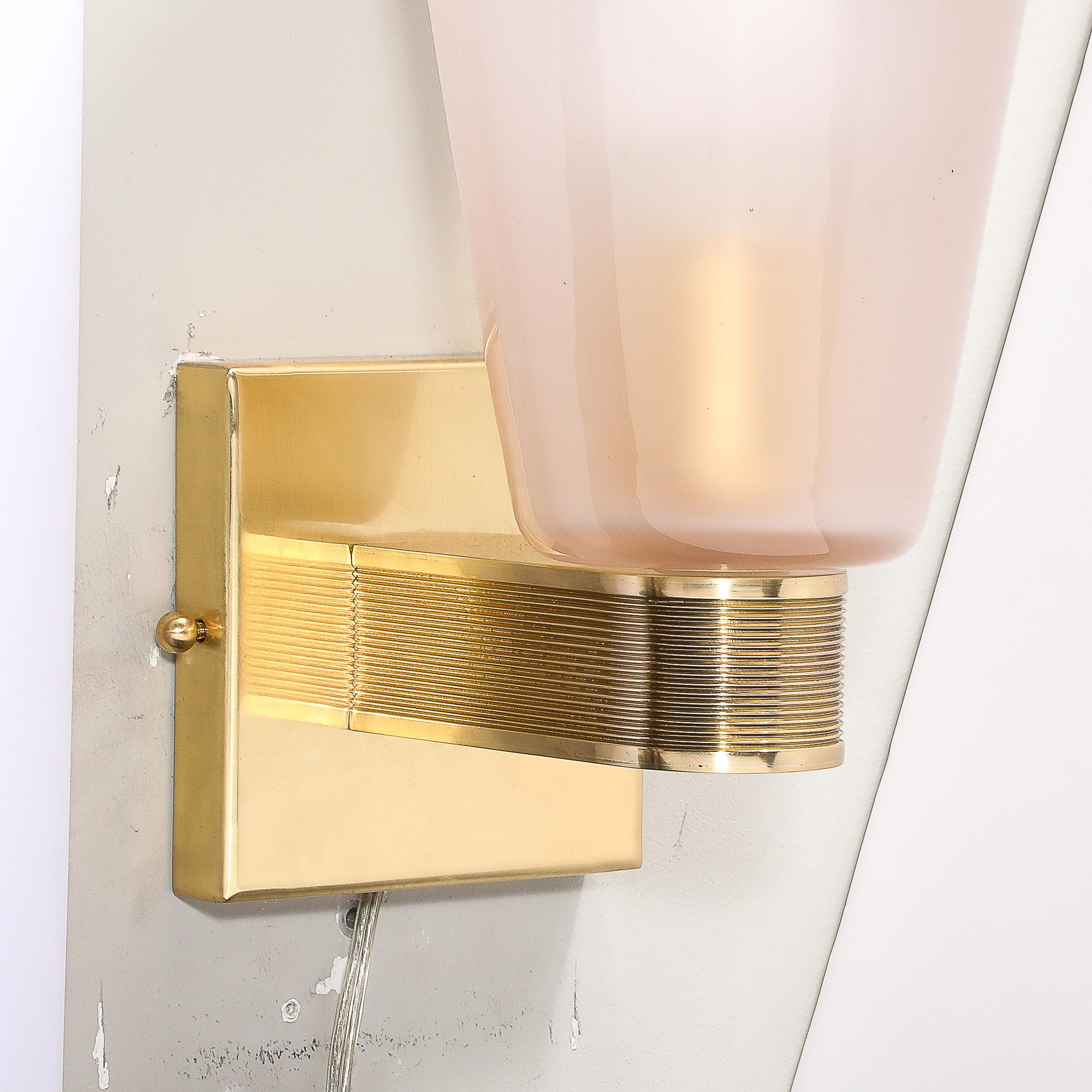 Pair of Modernist Hand-Blown Murano Smoked Pink Glass w/ Reeded Brass Sconces For Sale 1