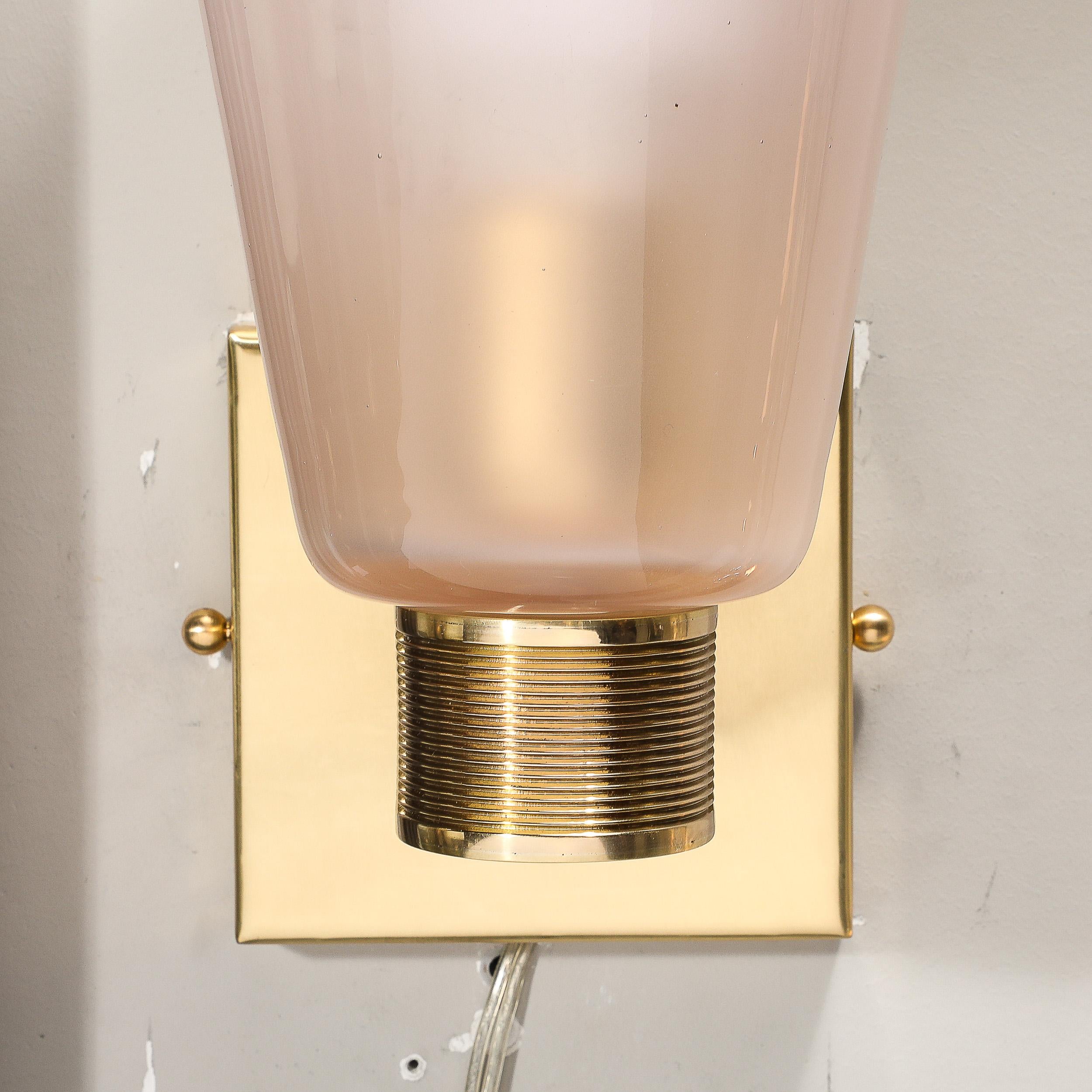 Pair of Modernist Hand-Blown Murano Smoked Pink Glass w/ Reeded Brass Sconces For Sale 3