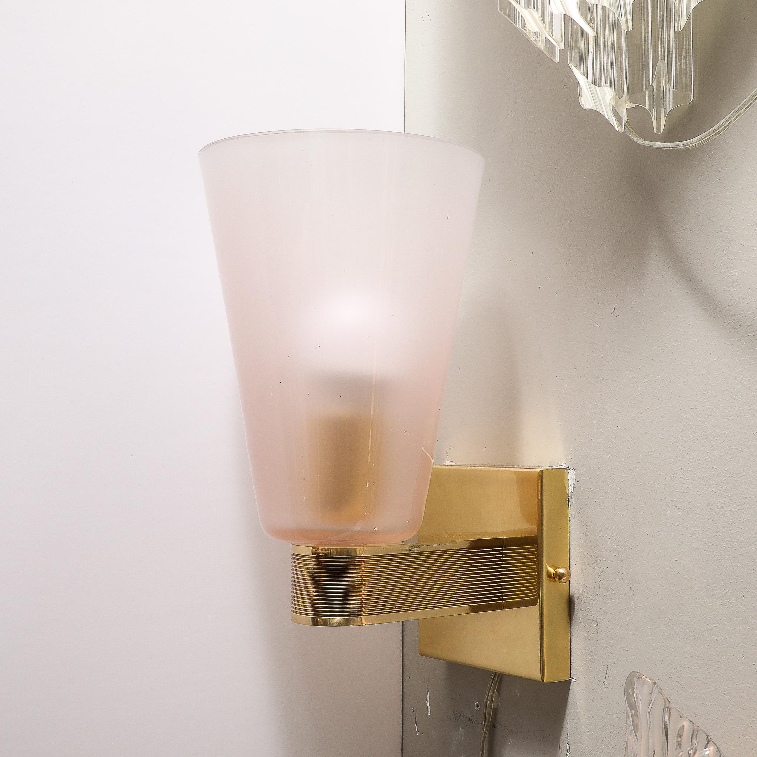 Pair of Modernist Hand-Blown Murano Smoked Pink Glass w/ Reeded Brass Sconces For Sale 4