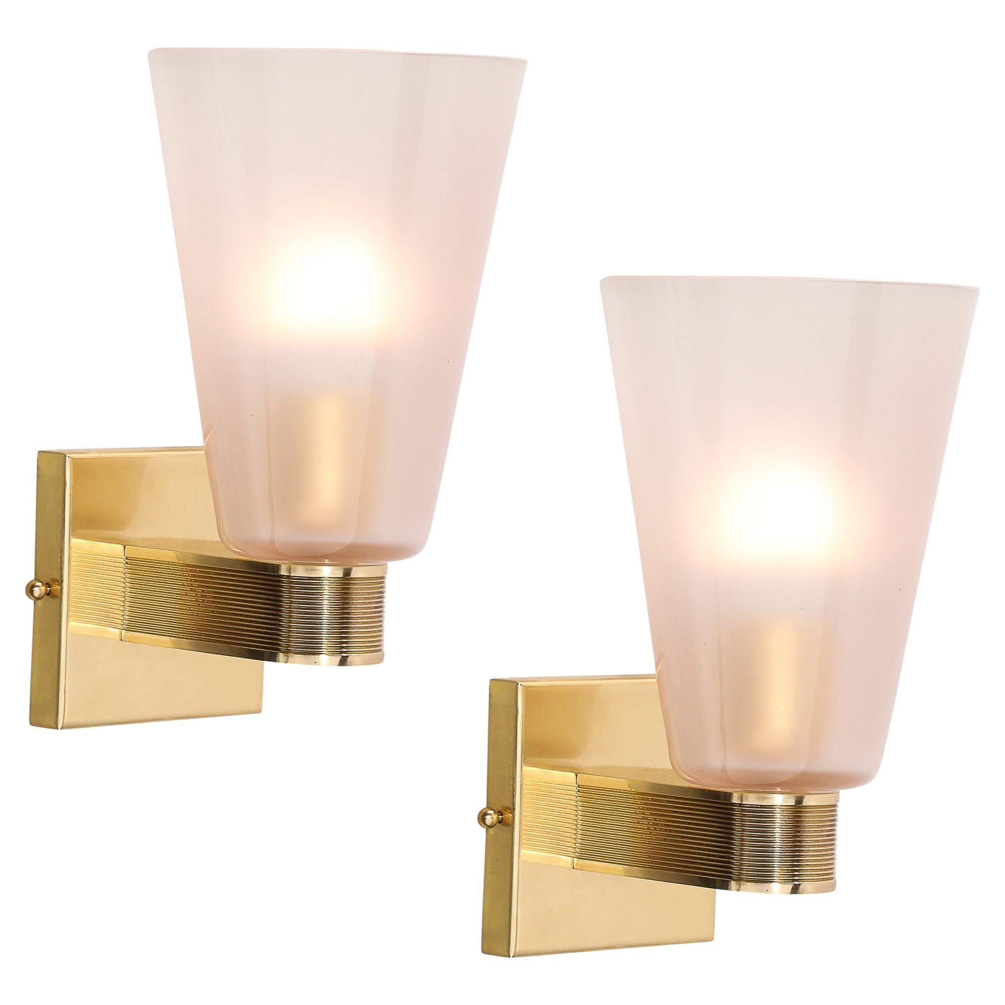 Pair of Modernist Hand-Blown Murano Smoked Pink Glass w/ Reeded Brass Sconces For Sale