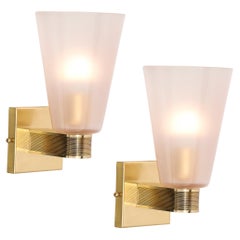 Pair of Modernist Hand-Blown Murano Smoked Pink Glass w/ Reeded Brass Sconces