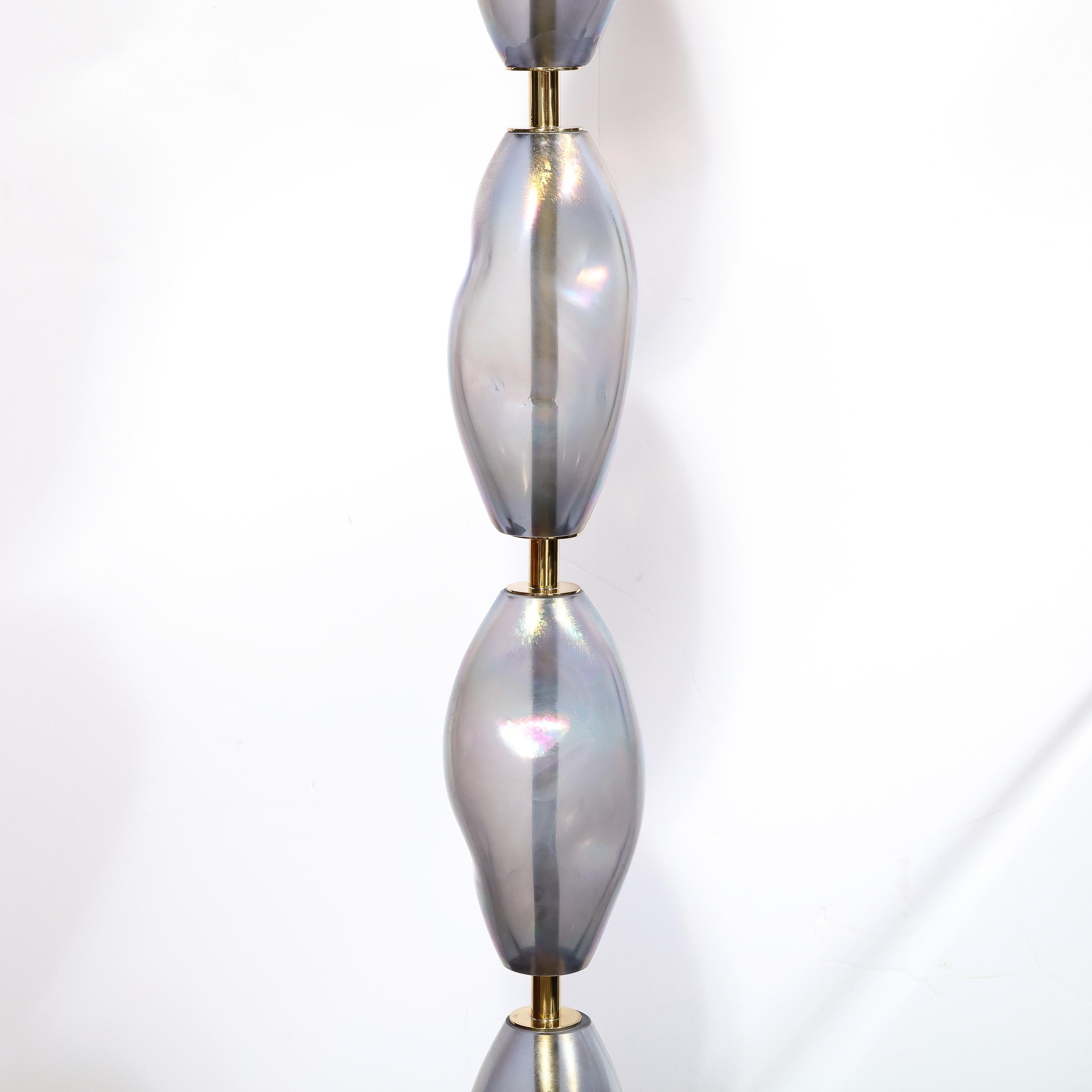 Pair of Modernist Hand-Blown Smoked Cobalt Murano Glass & Brass Torchieres For Sale 6