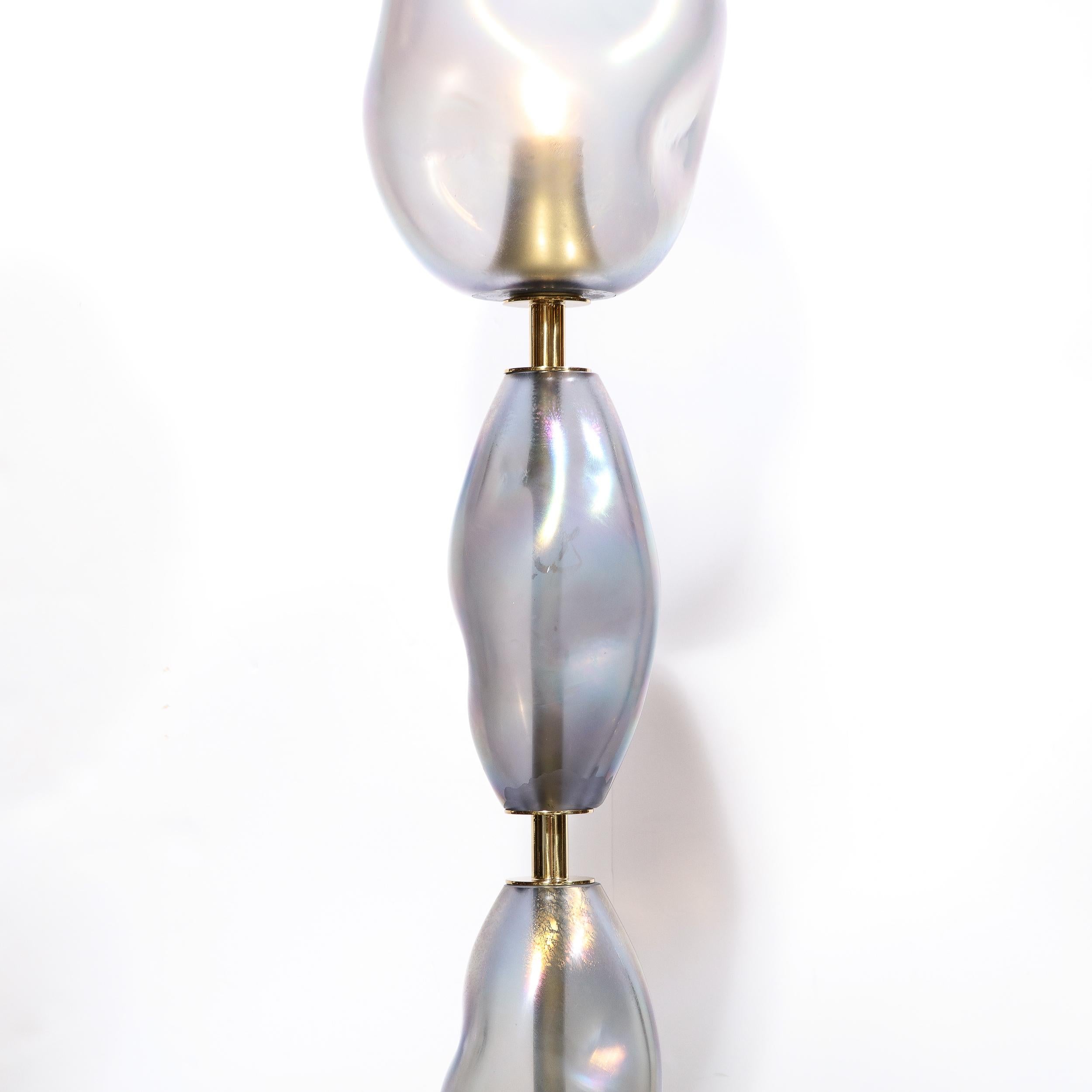 Pair of Modernist Hand-Blown Smoked Cobalt Murano Glass & Brass Torchieres For Sale 7