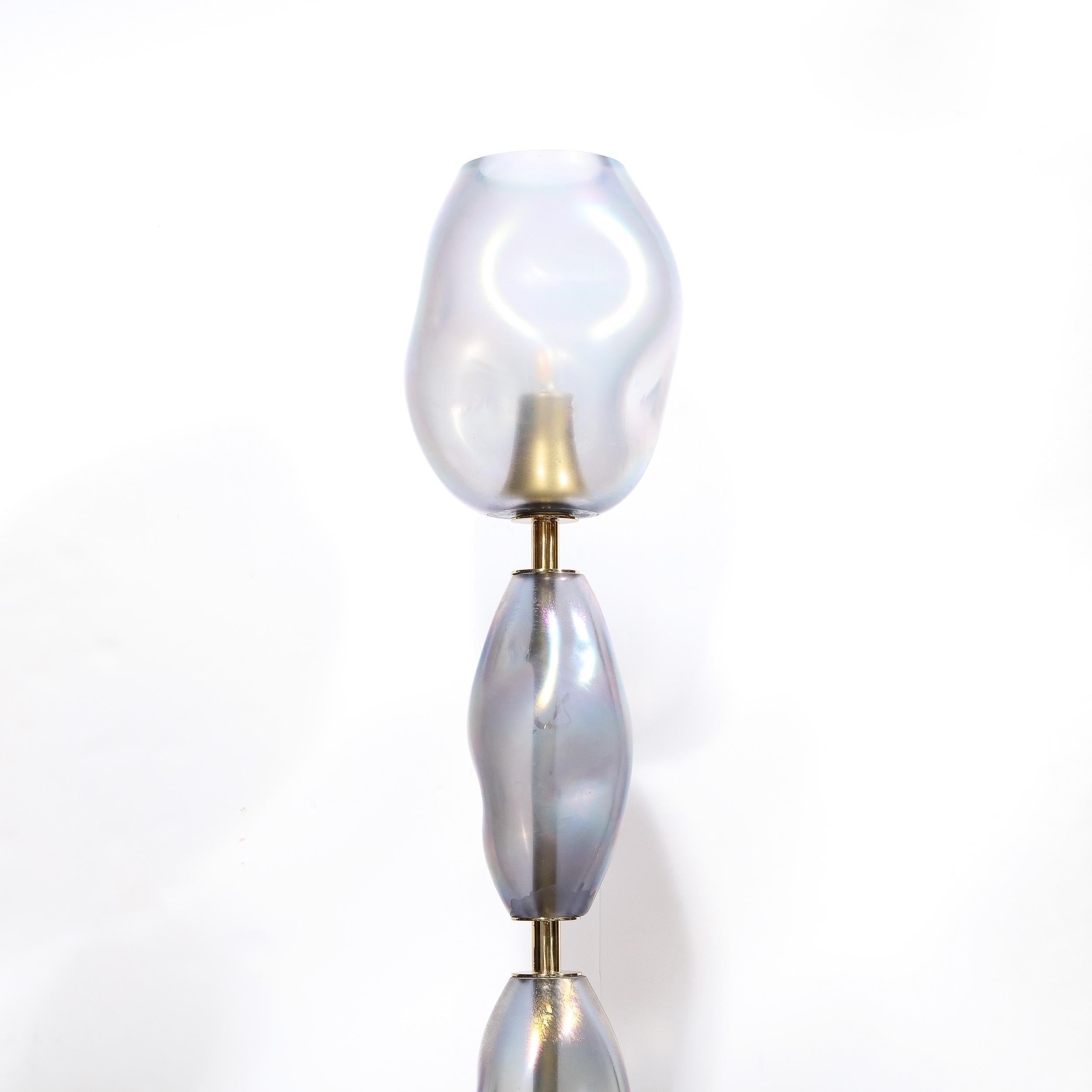 Pair of Modernist Hand-Blown Smoked Cobalt Murano Glass & Brass Torchieres For Sale 10