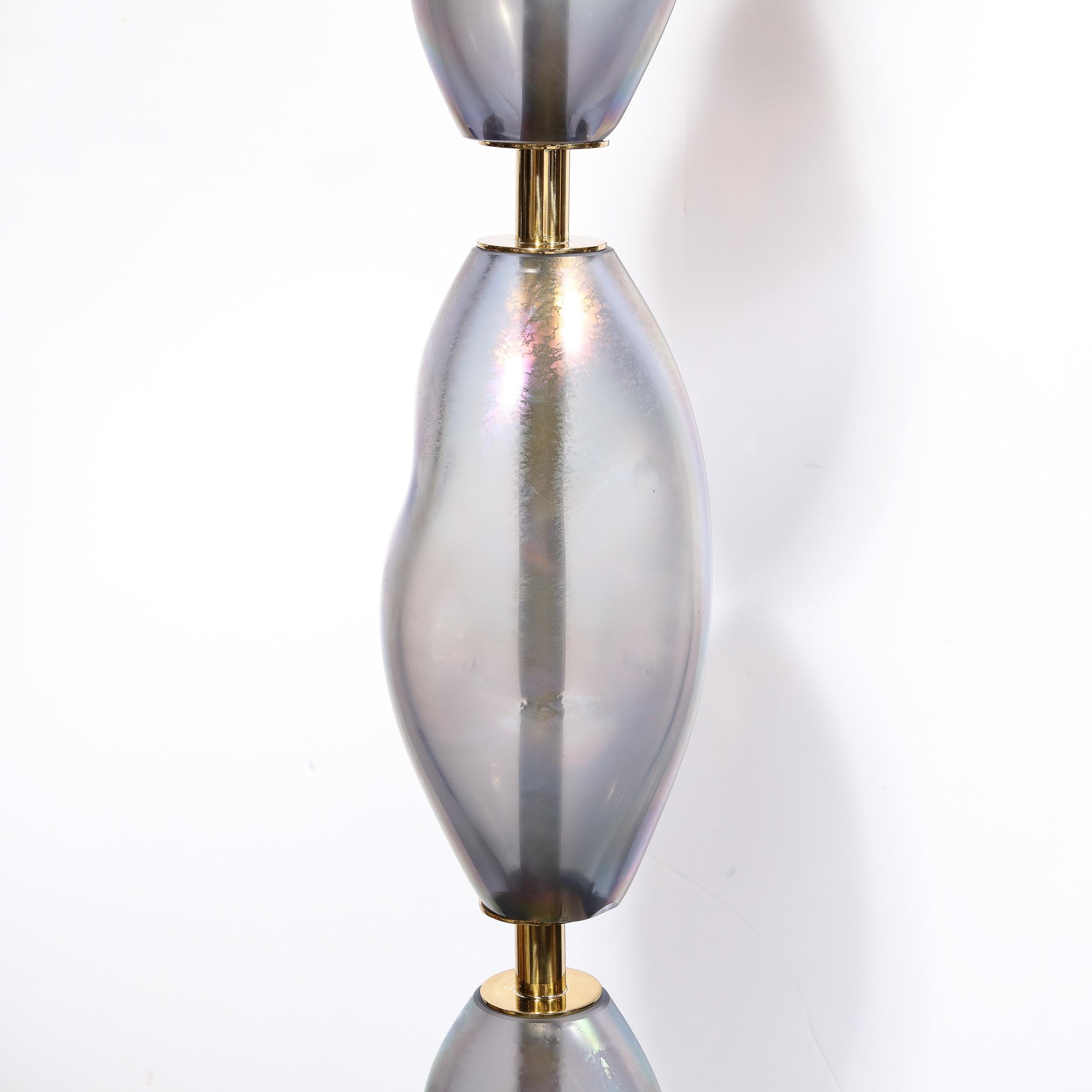 Italian Pair of Modernist Hand-Blown Smoked Cobalt Murano Glass & Brass Torchieres For Sale
