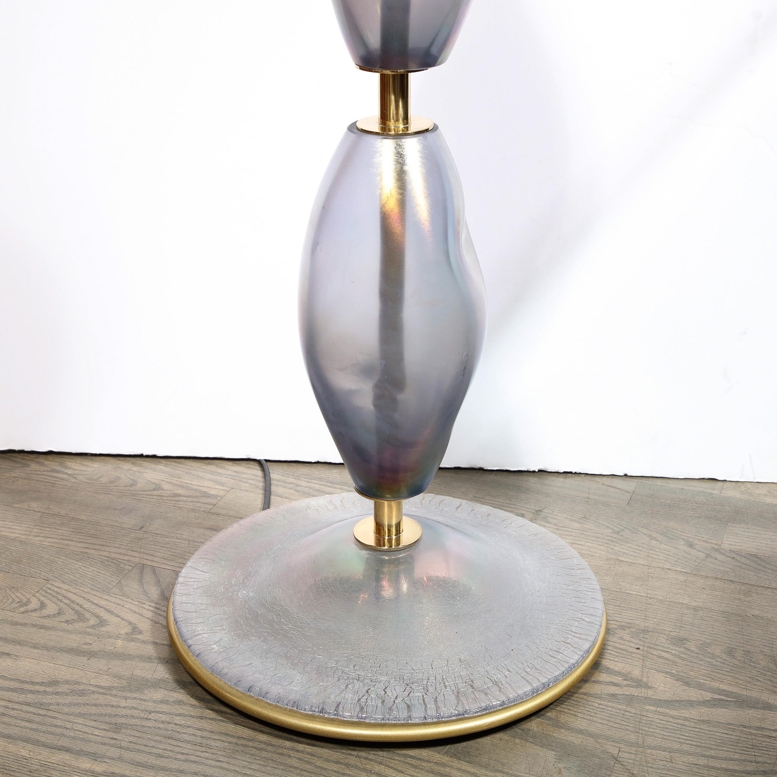 Contemporary Pair of Modernist Hand-Blown Smoked Cobalt Murano Glass & Brass Torchieres For Sale